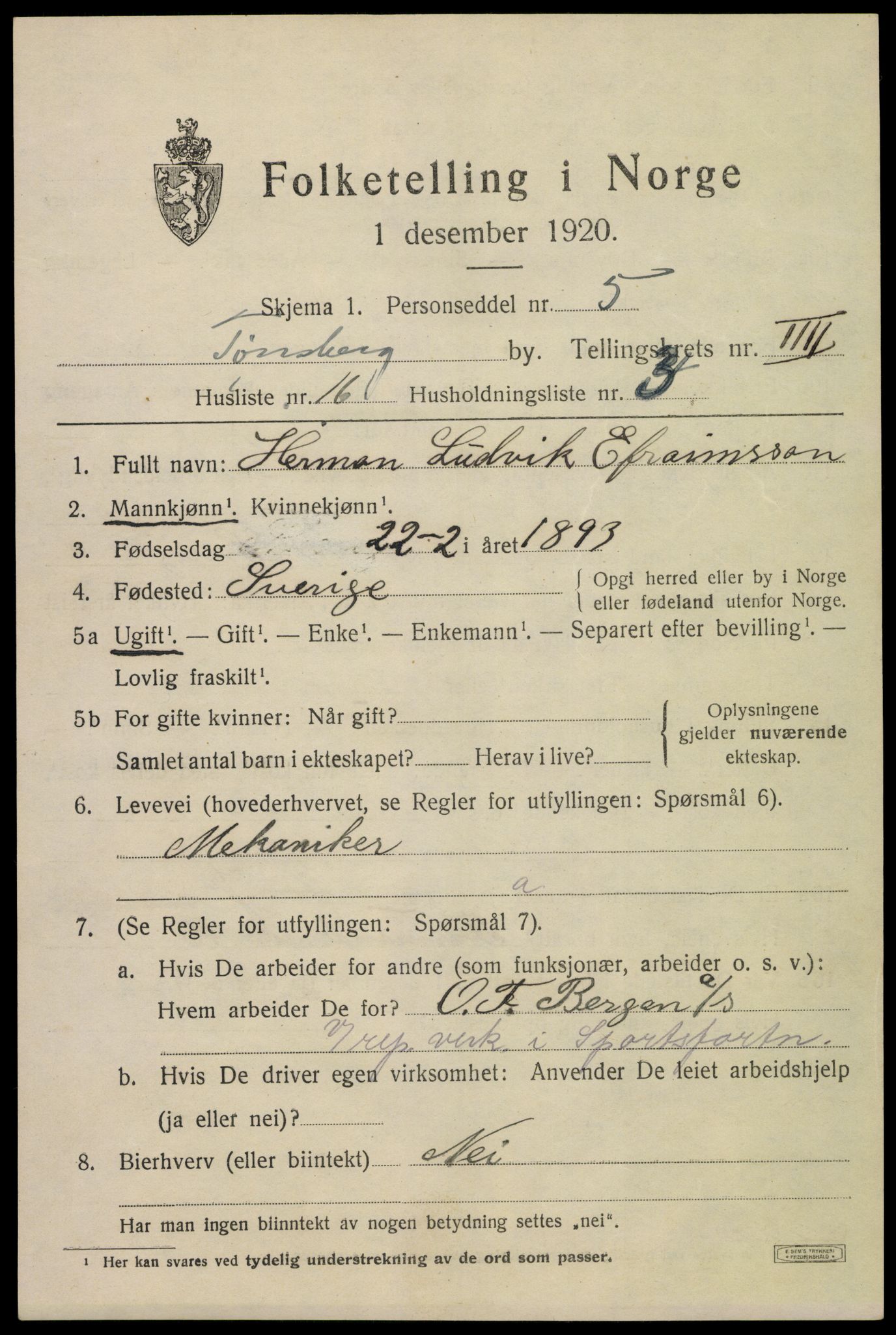 SAKO, 1920 census for Tønsberg, 1920, p. 12565