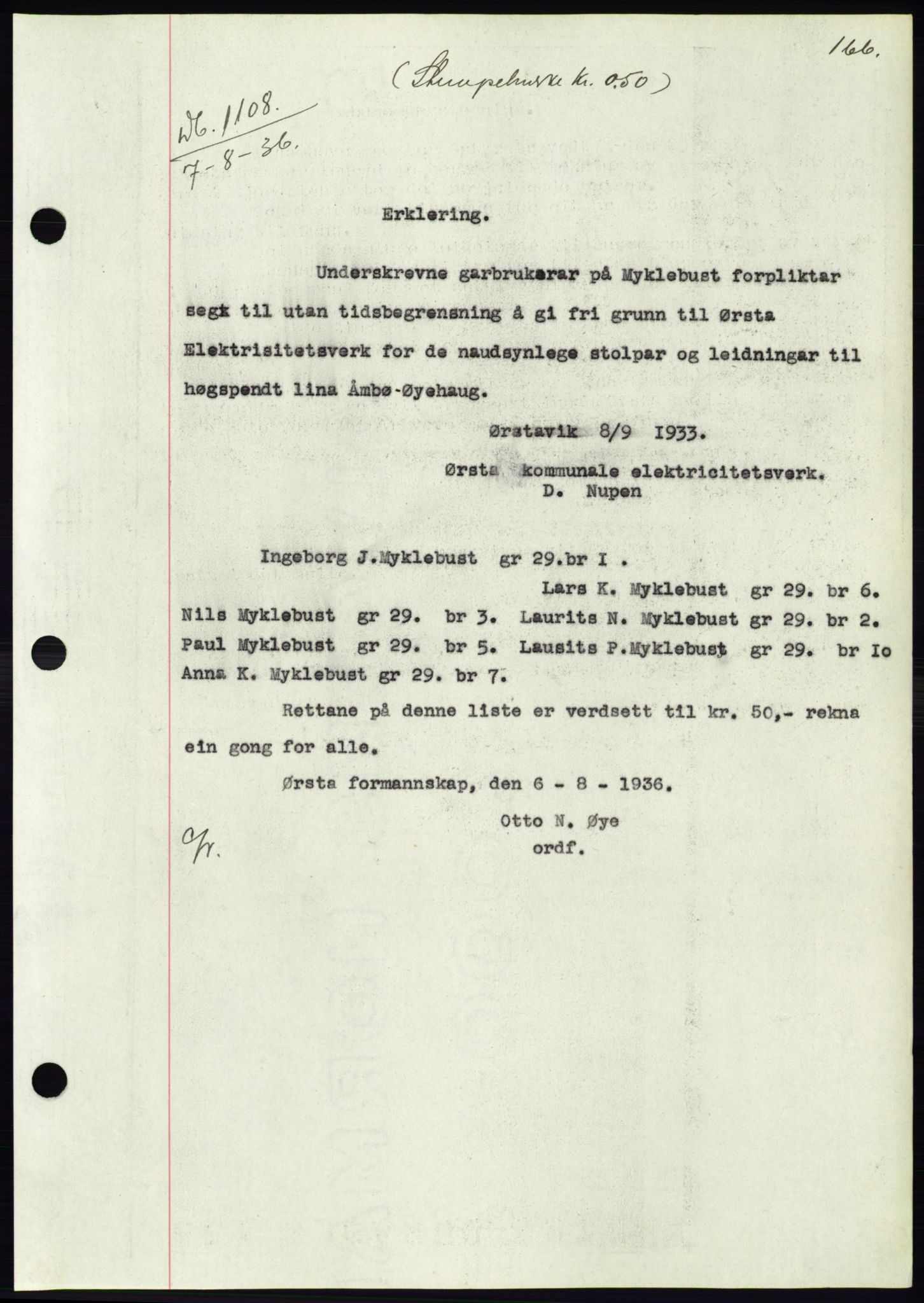 Søre Sunnmøre sorenskriveri, AV/SAT-A-4122/1/2/2C/L0061: Mortgage book no. 55, 1936-1936, Diary no: : 1108/1936