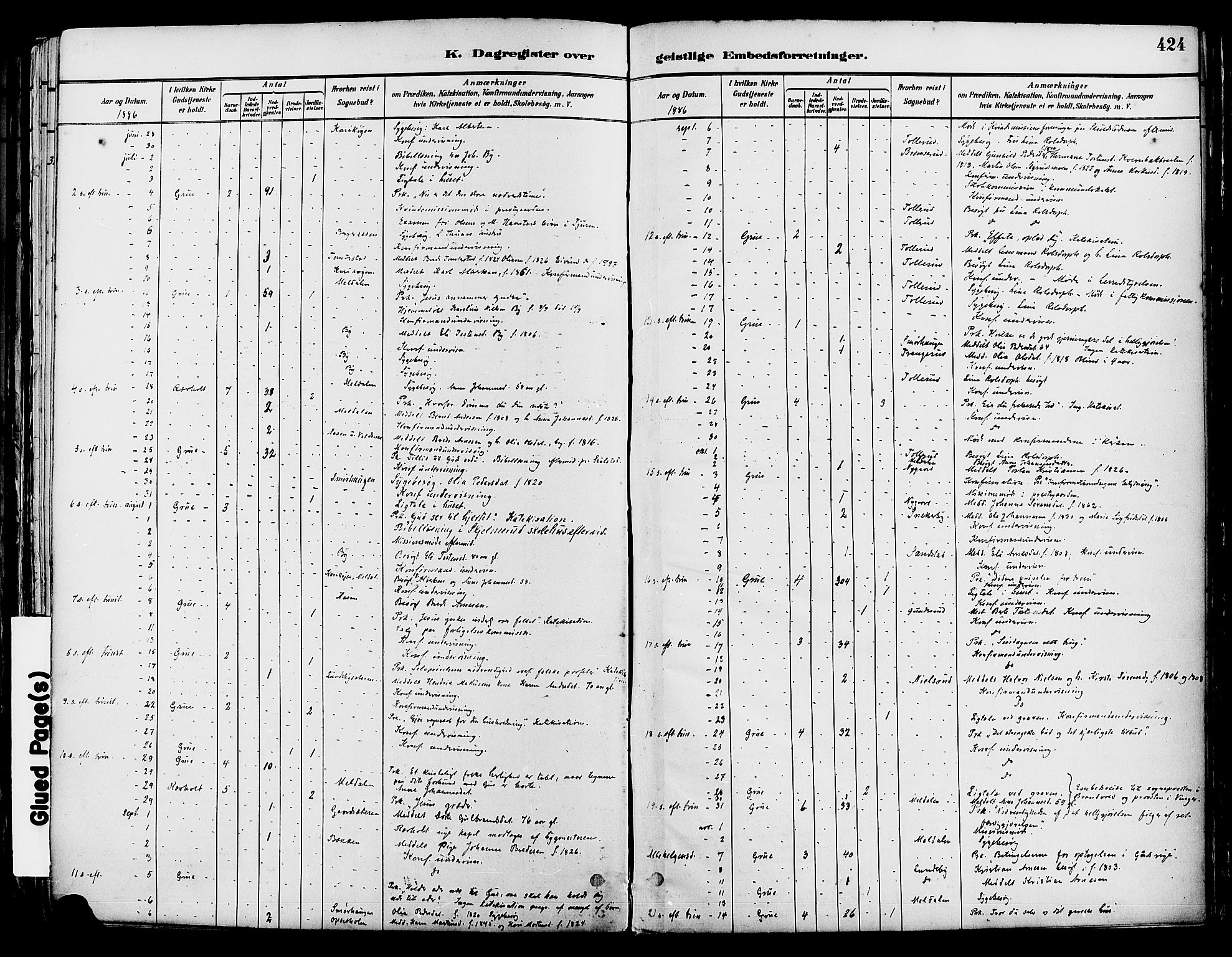 Grue prestekontor, AV/SAH-PREST-036/H/Ha/Haa/L0012: Parish register (official) no. 12, 1881-1897, p. 424