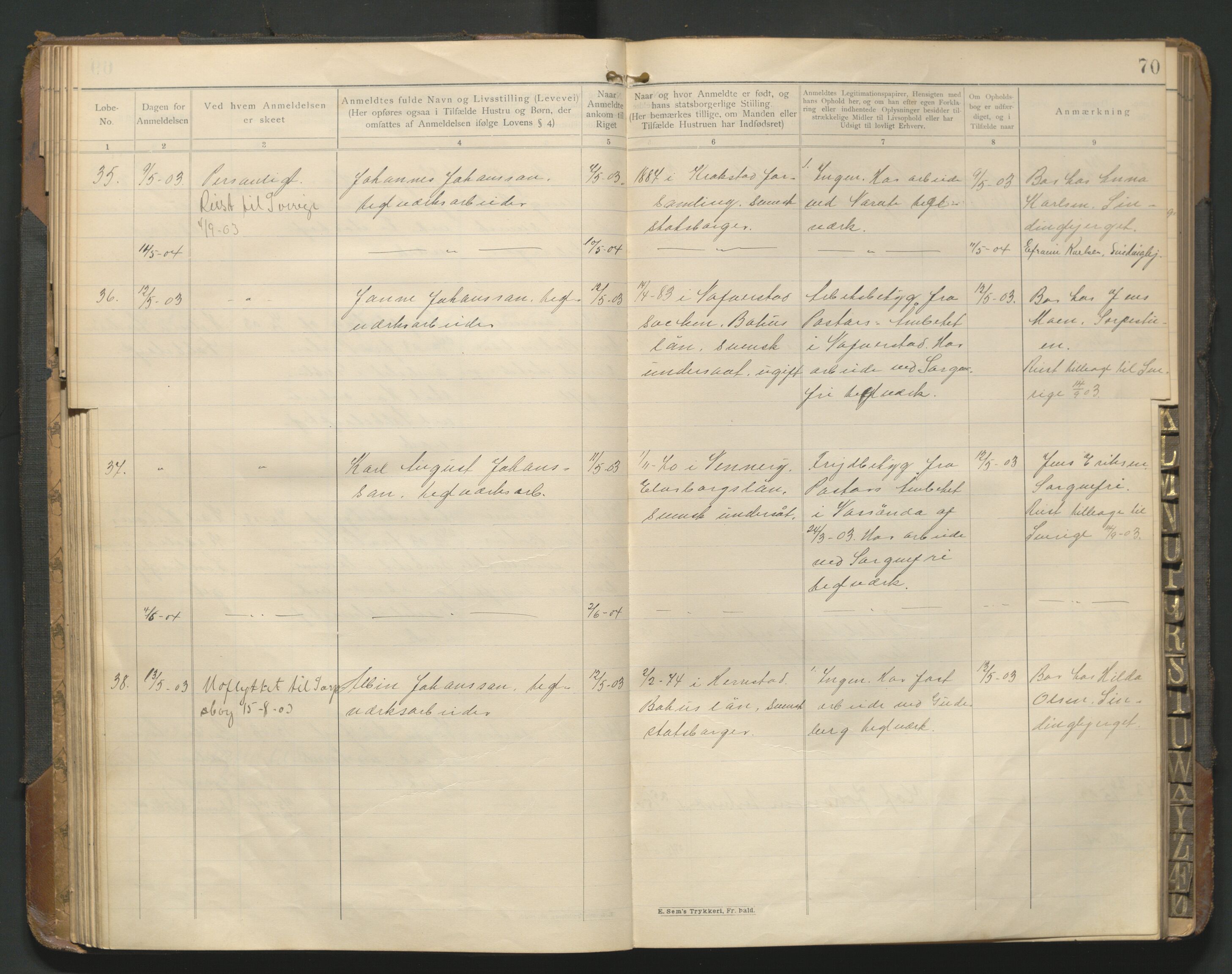 Fredrikstad politikammer, AV/SAO-A-10055/H/Hb/Hba/L0001: Protokoll over fremmede statsborgere, 1901-1916, p. 69b-70a