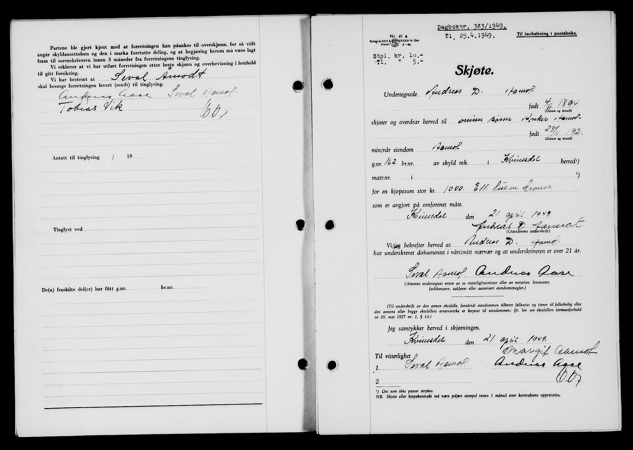 Flekkefjord sorenskriveri, SAK/1221-0001/G/Gb/Gba/L0065: Mortgage book no. A-13, 1949-1949, Diary no: : 383/1949