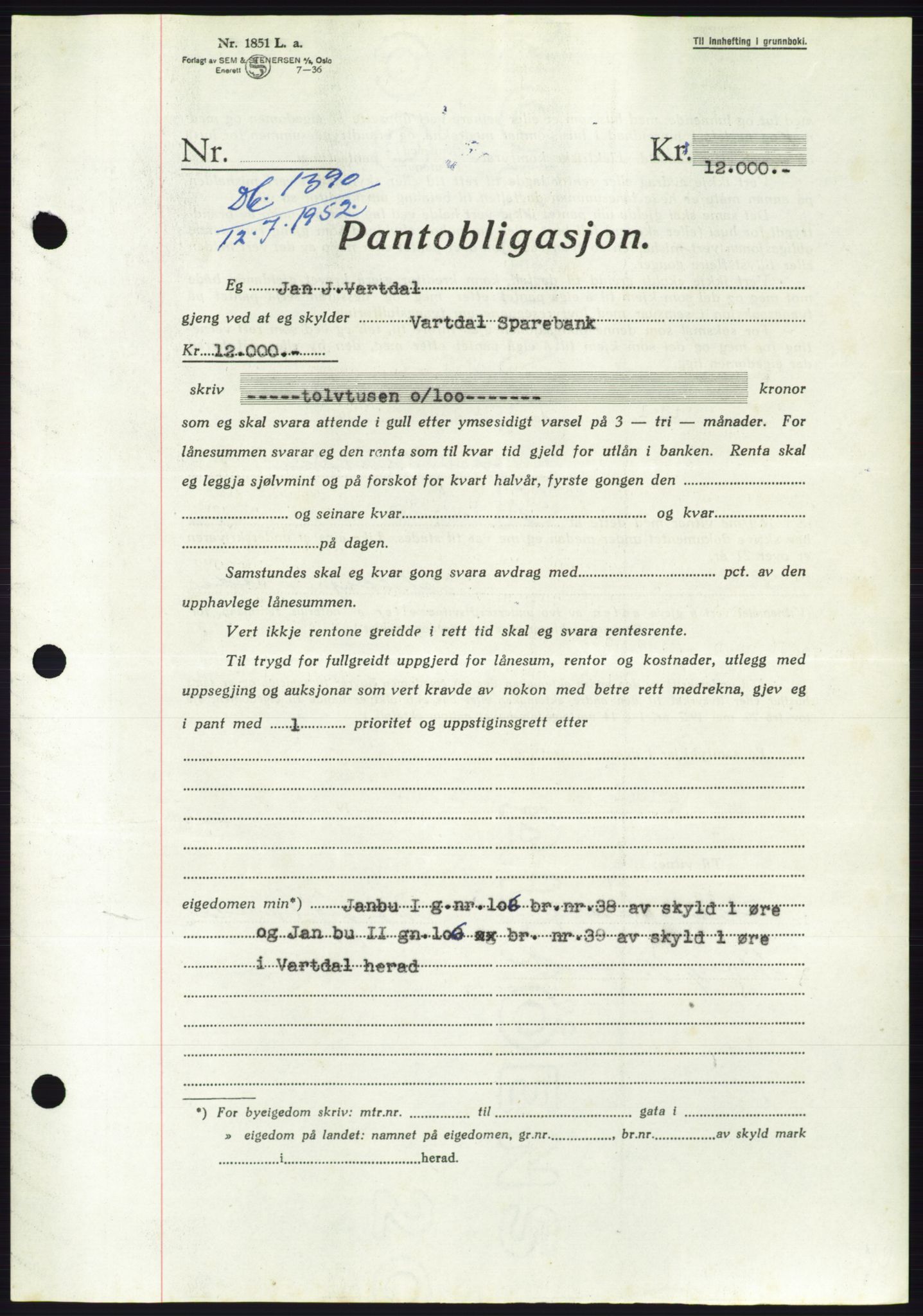 Søre Sunnmøre sorenskriveri, AV/SAT-A-4122/1/2/2C/L0121: Mortgage book no. 9B, 1951-1952, Diary no: : 1390/1952