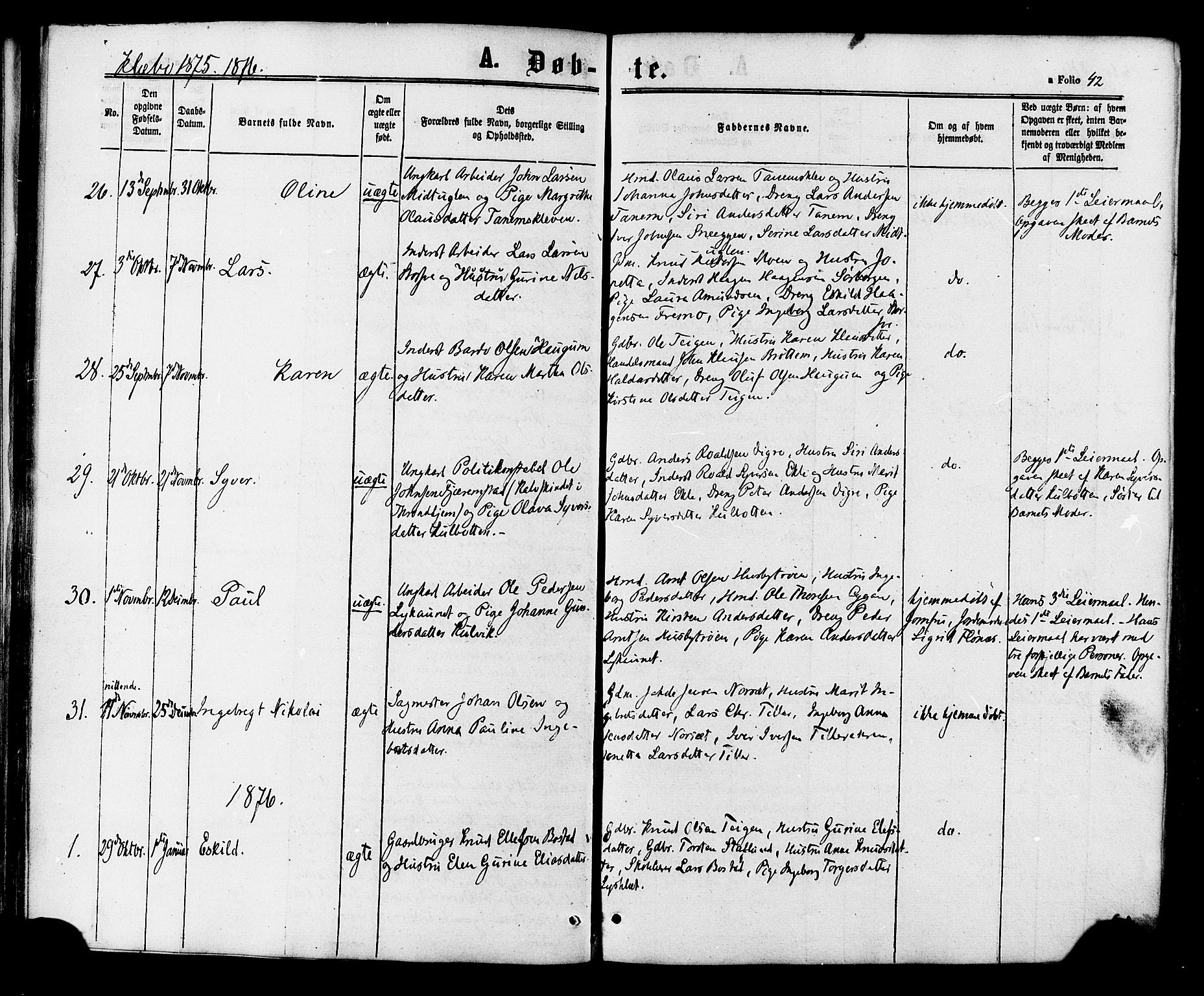 Ministerialprotokoller, klokkerbøker og fødselsregistre - Sør-Trøndelag, SAT/A-1456/618/L0442: Parish register (official) no. 618A06 /1, 1863-1879, p. 42