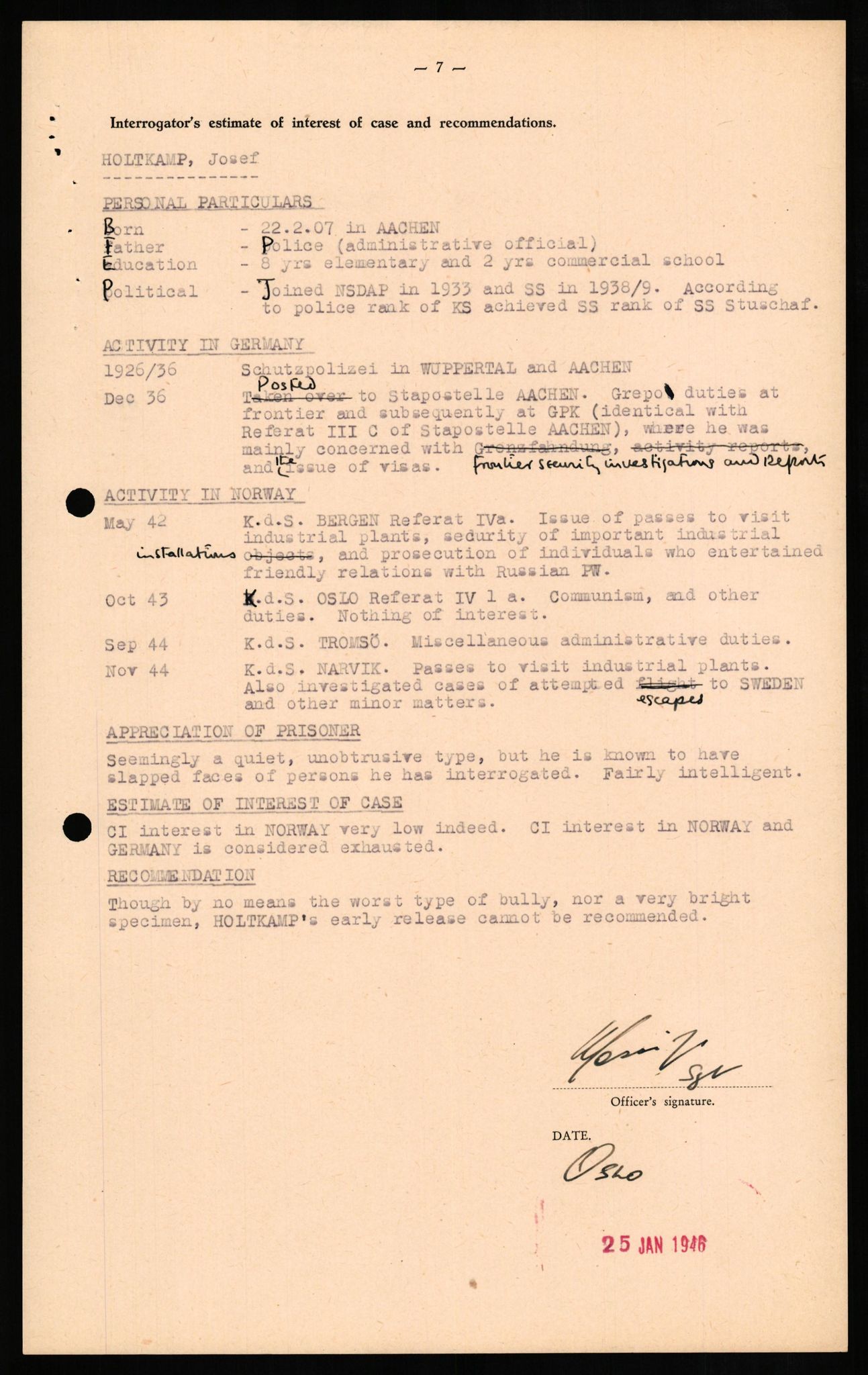 Forsvaret, Forsvarets overkommando II, AV/RA-RAFA-3915/D/Db/L0013: CI Questionaires. Tyske okkupasjonsstyrker i Norge. Tyskere., 1945-1946, p. 433