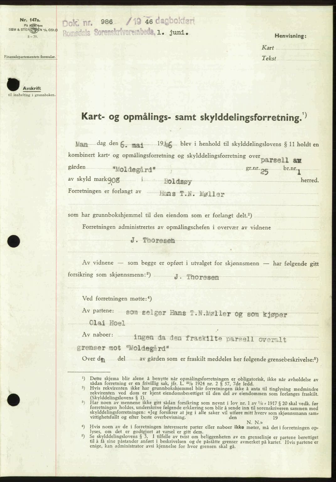 Romsdal sorenskriveri, AV/SAT-A-4149/1/2/2C: Mortgage book no. A20, 1946-1946, Diary no: : 986/1946