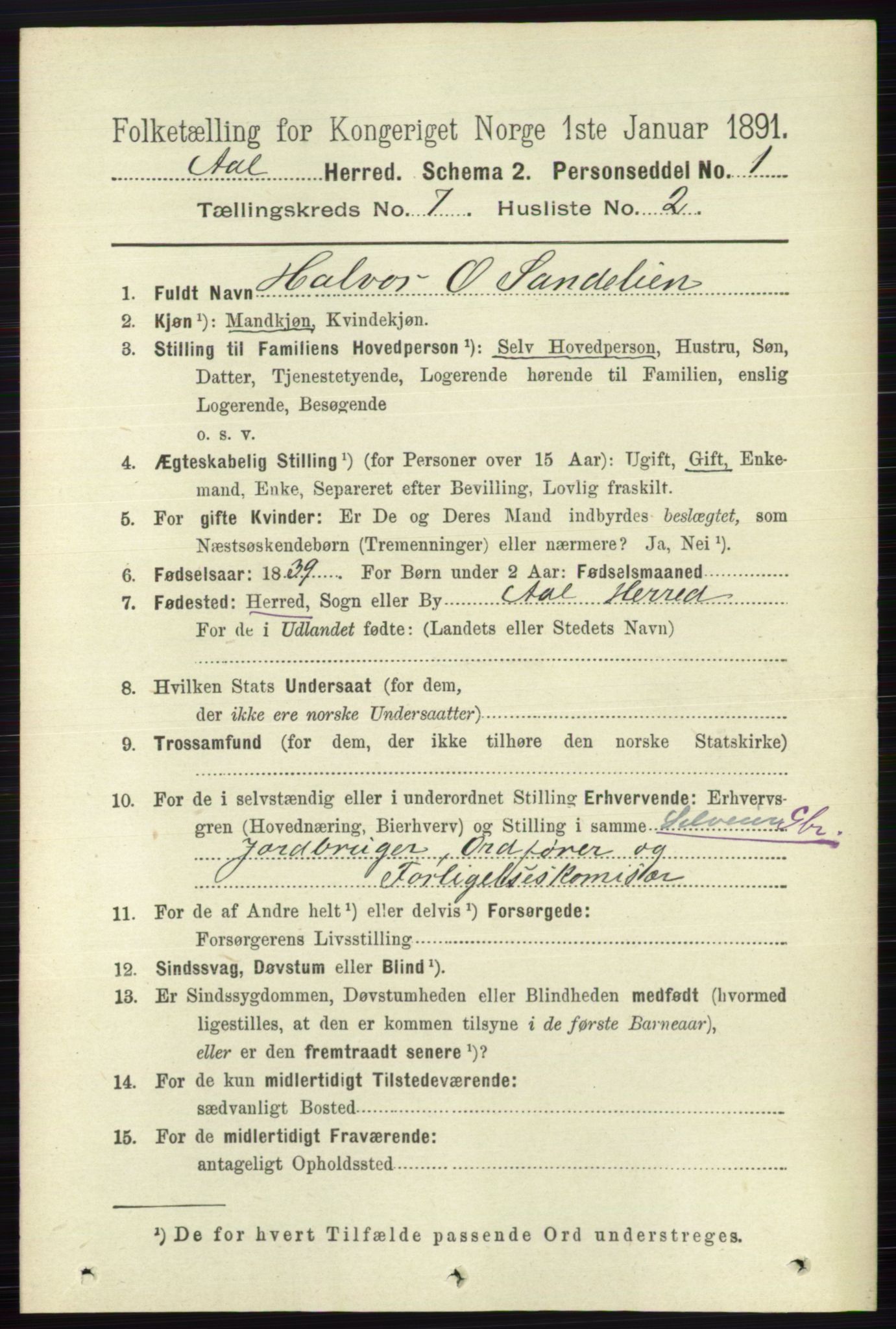 RA, 1891 census for 0619 Ål, 1891, p. 1831