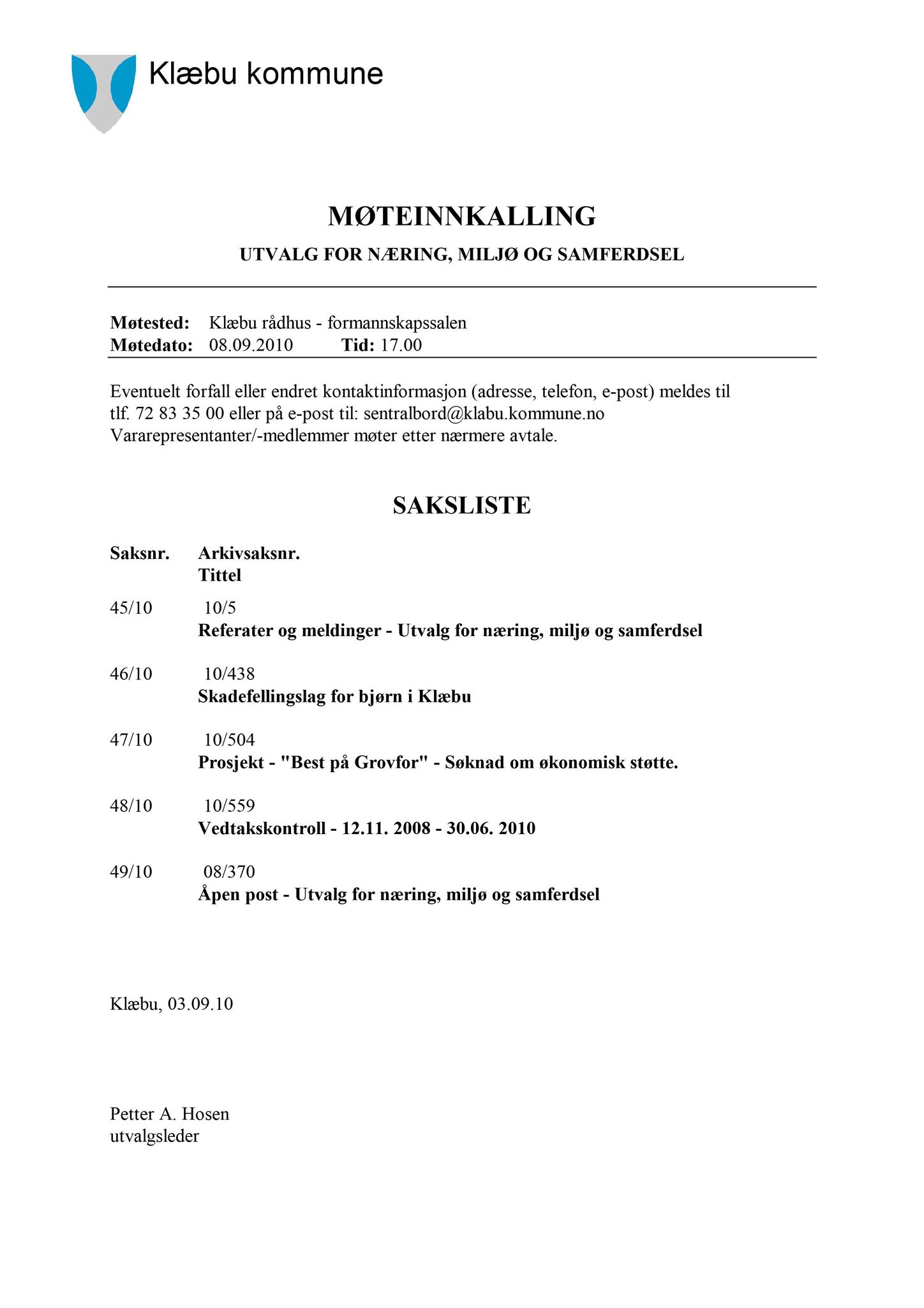 Klæbu Kommune, TRKO/KK/13-NMS/L003: Utvalg for næring, miljø og samferdsel, 2010, p. 142