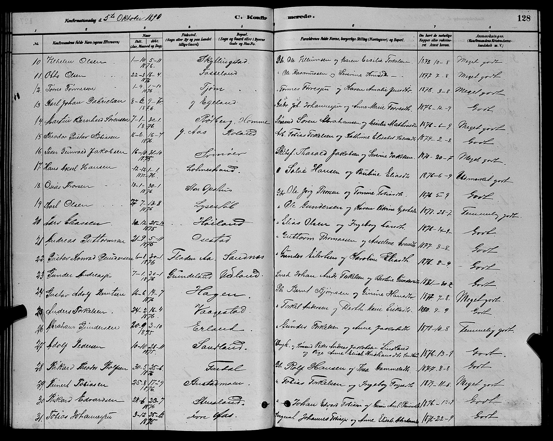 Sør-Audnedal sokneprestkontor, AV/SAK-1111-0039/F/Fb/Fbb/L0005: Parish register (copy) no. B 5, 1880-1892, p. 128