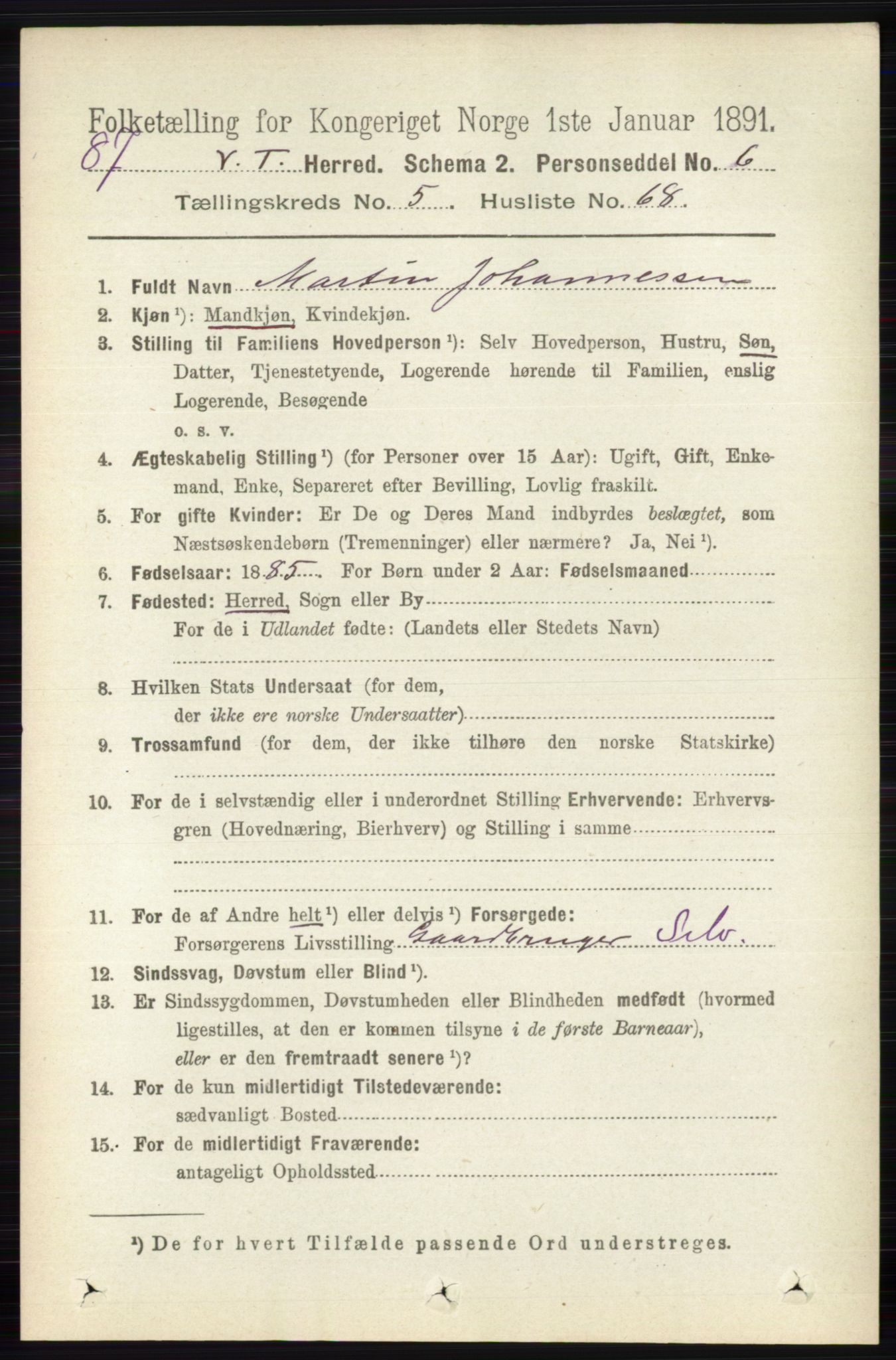 RA, 1891 census for 0529 Vestre Toten, 1891, p. 3608