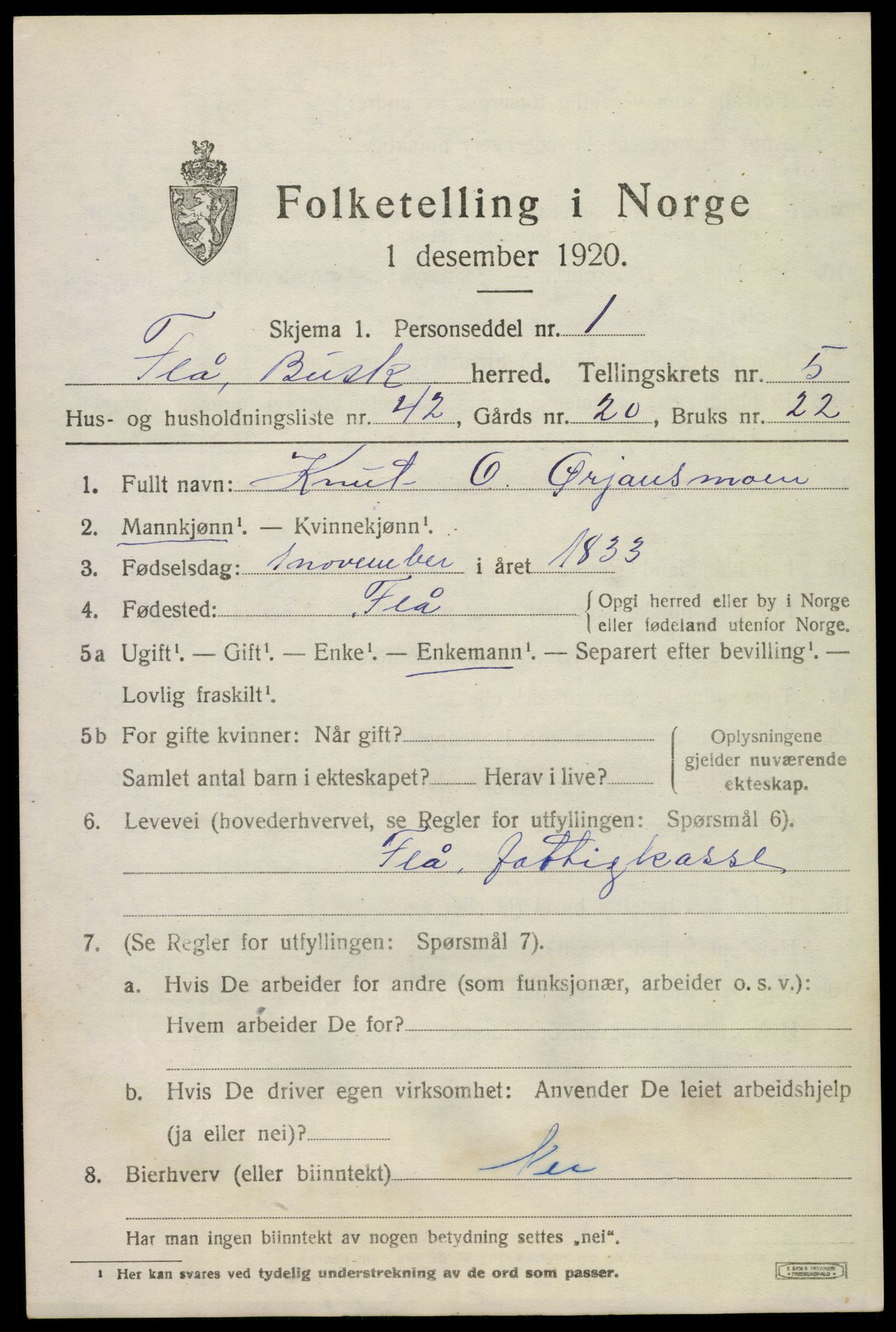 SAKO, 1920 census for Flå, 1920, p. 3563