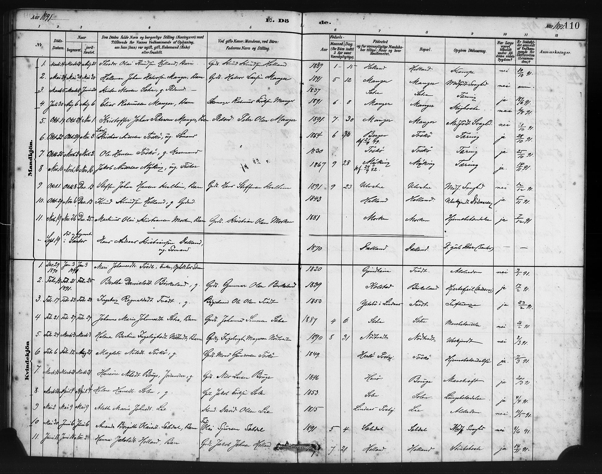 Manger sokneprestembete, SAB/A-76801/H/Haa: Parish register (official) no. B 1, 1881-1892, p. 110