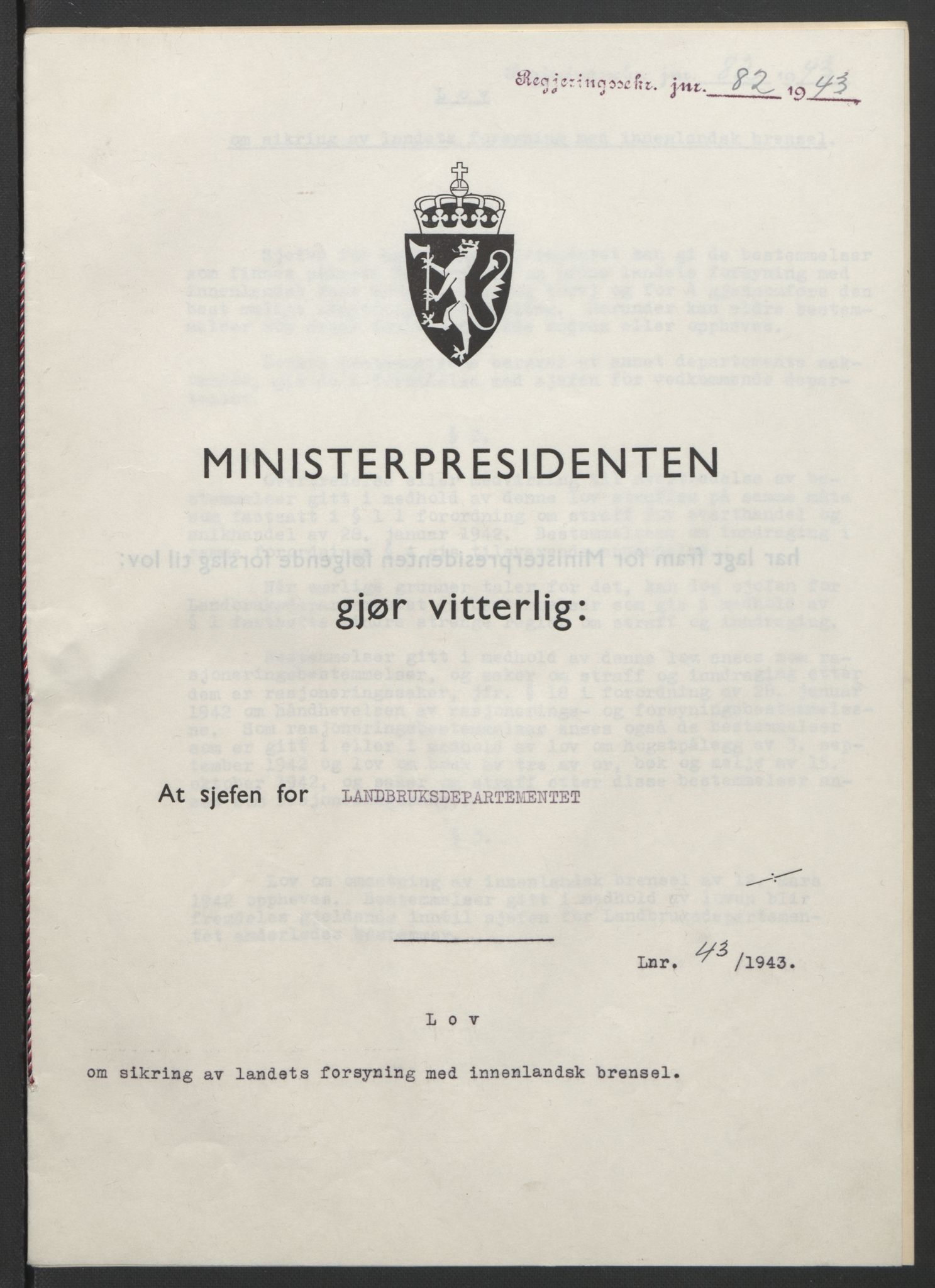 NS-administrasjonen 1940-1945 (Statsrådsekretariatet, de kommisariske statsråder mm), RA/S-4279/D/Db/L0099: Lover, 1943, p. 188