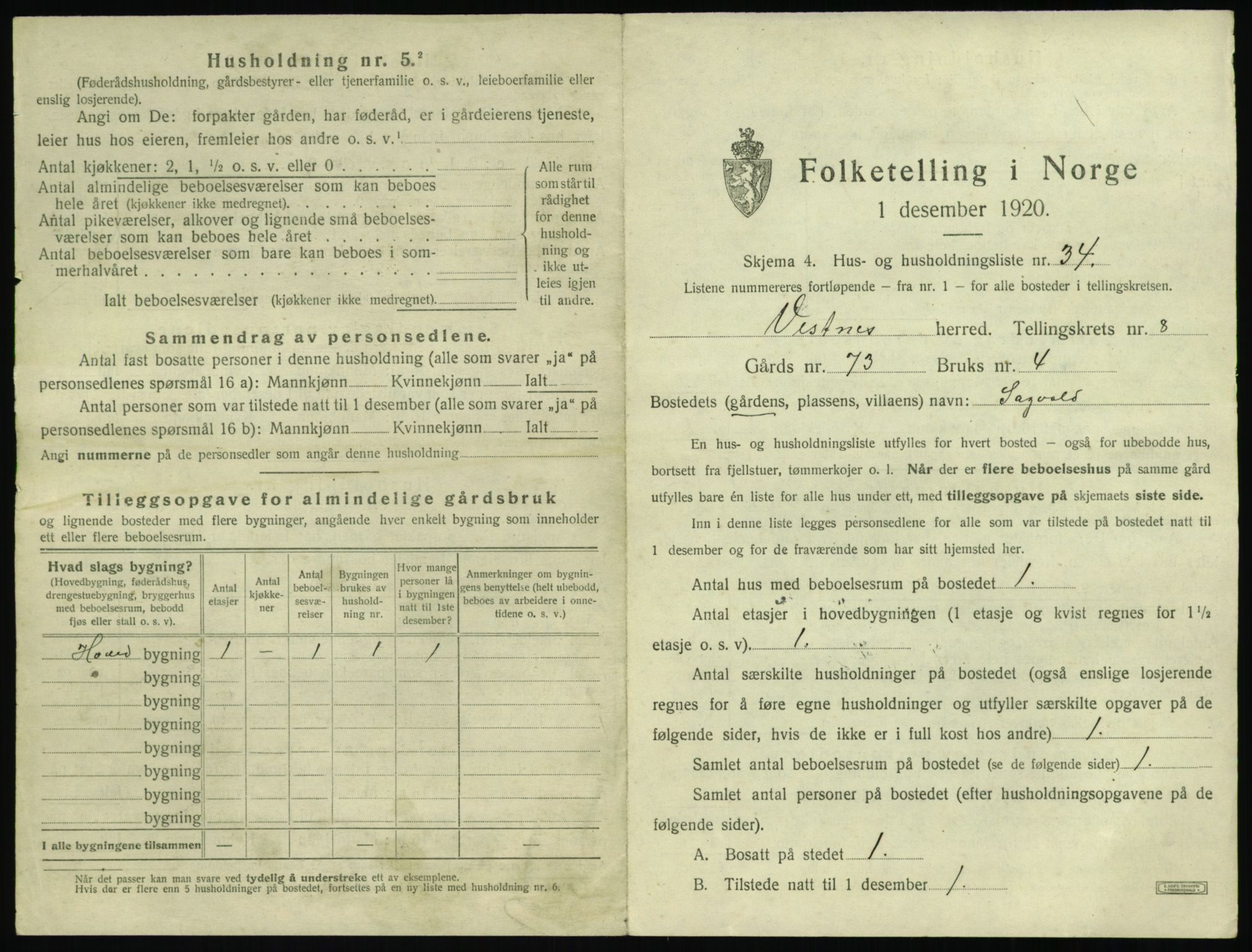 SAT, 1920 census for Vestnes, 1920, p. 933