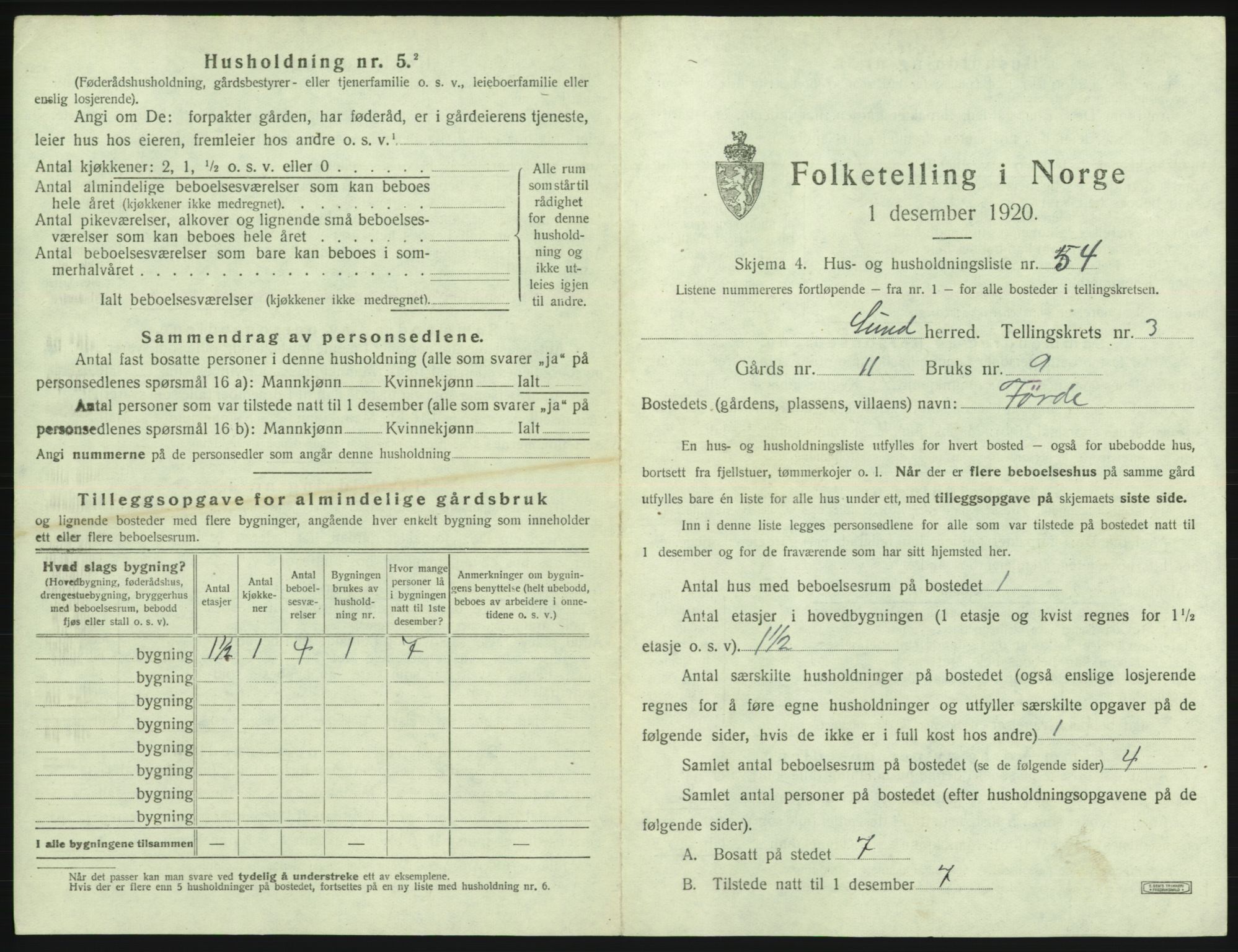 SAB, 1920 census for Sund, 1920, p. 278