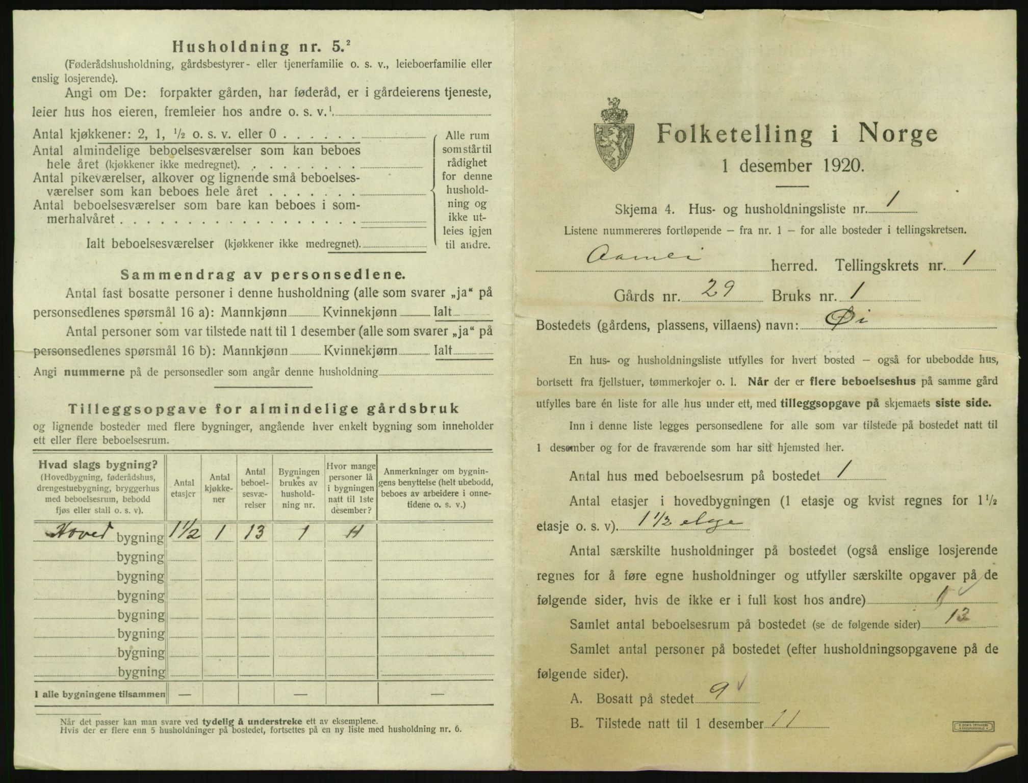 SAK, 1920 census for Åmli, 1920, p. 43