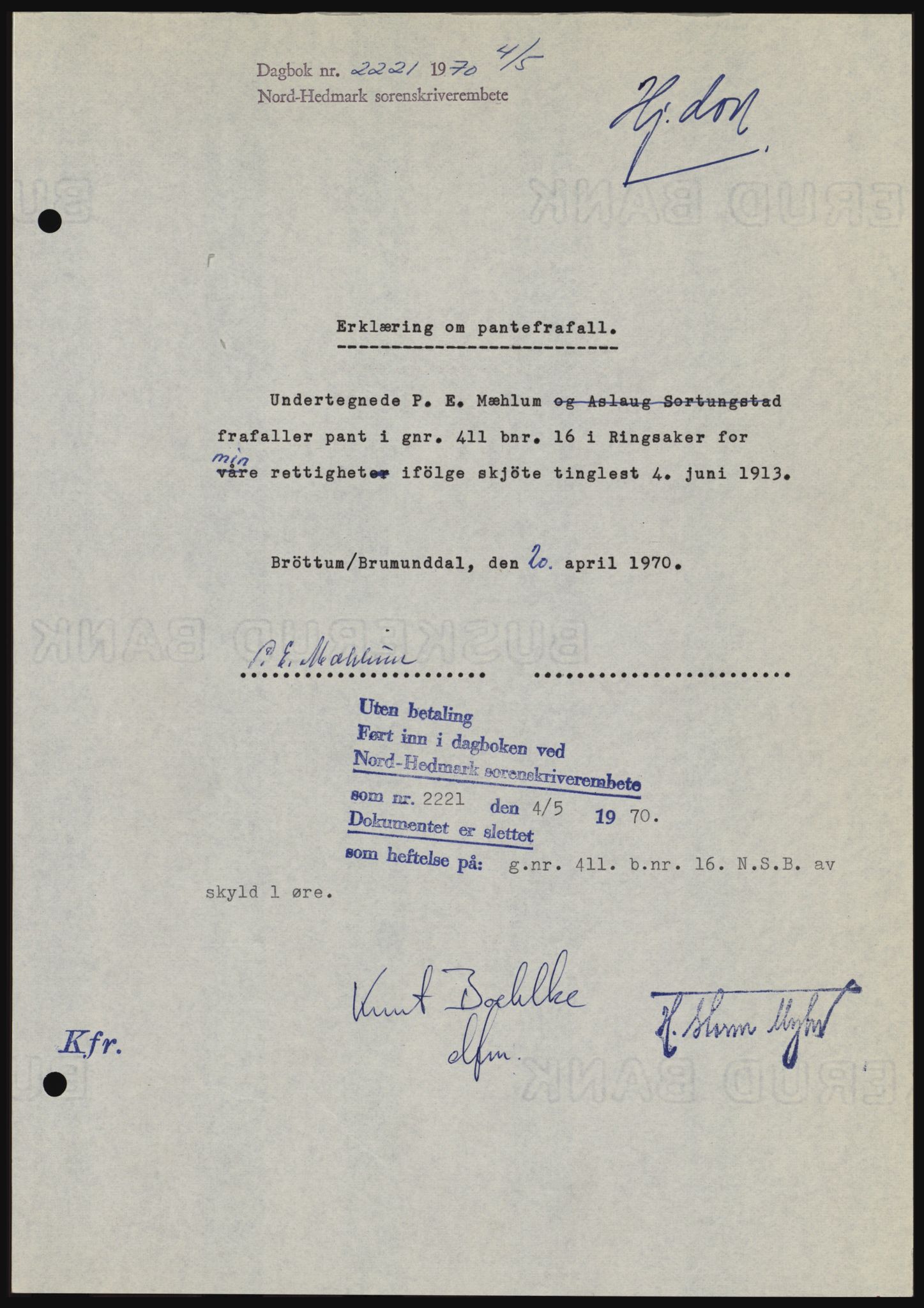 Nord-Hedmark sorenskriveri, SAH/TING-012/H/Hc/L0033: Mortgage book no. 33, 1970-1970, Diary no: : 2221/1970