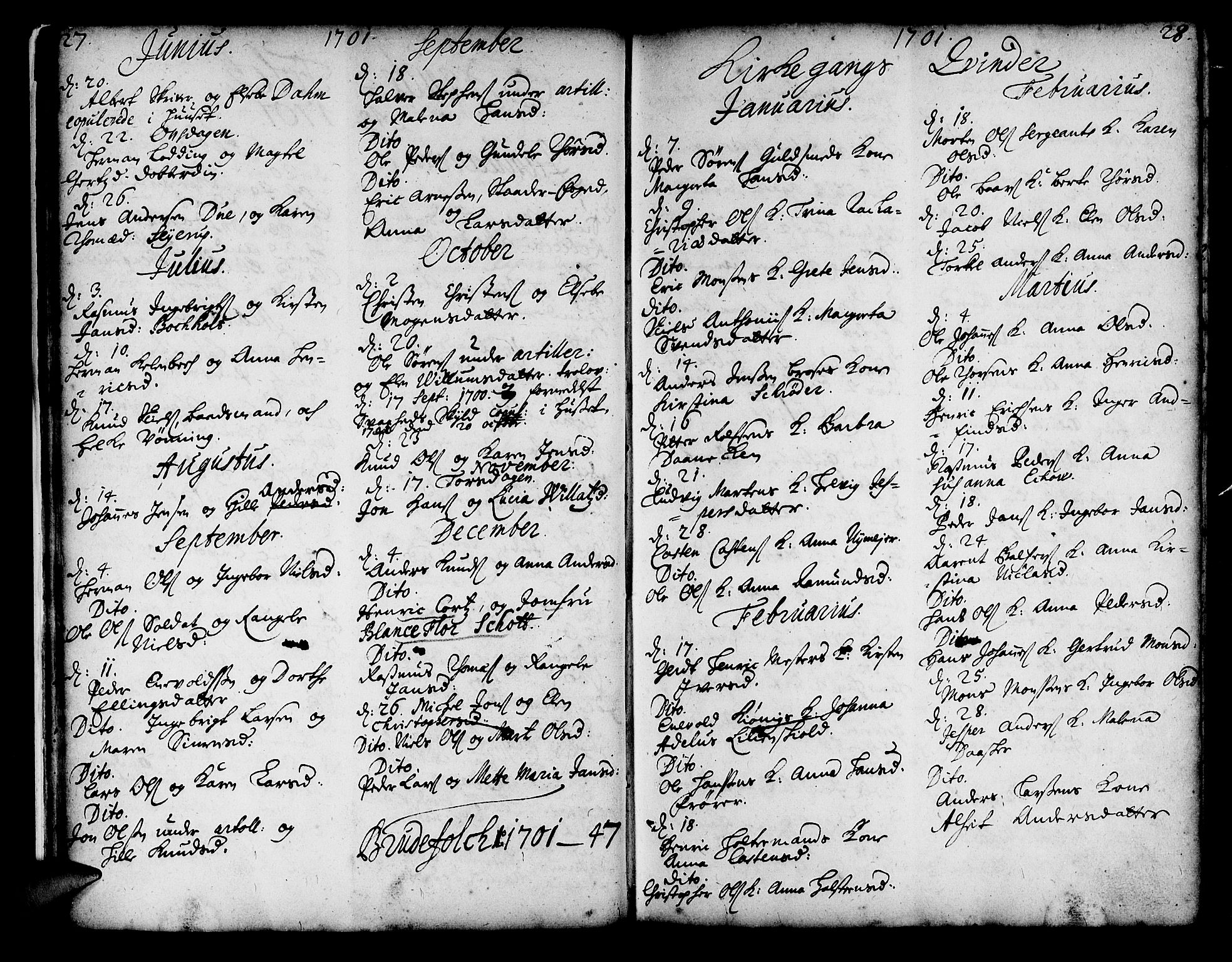Korskirken sokneprestembete, SAB/A-76101/H/Haa/L0008: Parish register (official) no. A 8, 1698-1747, p. 27-28