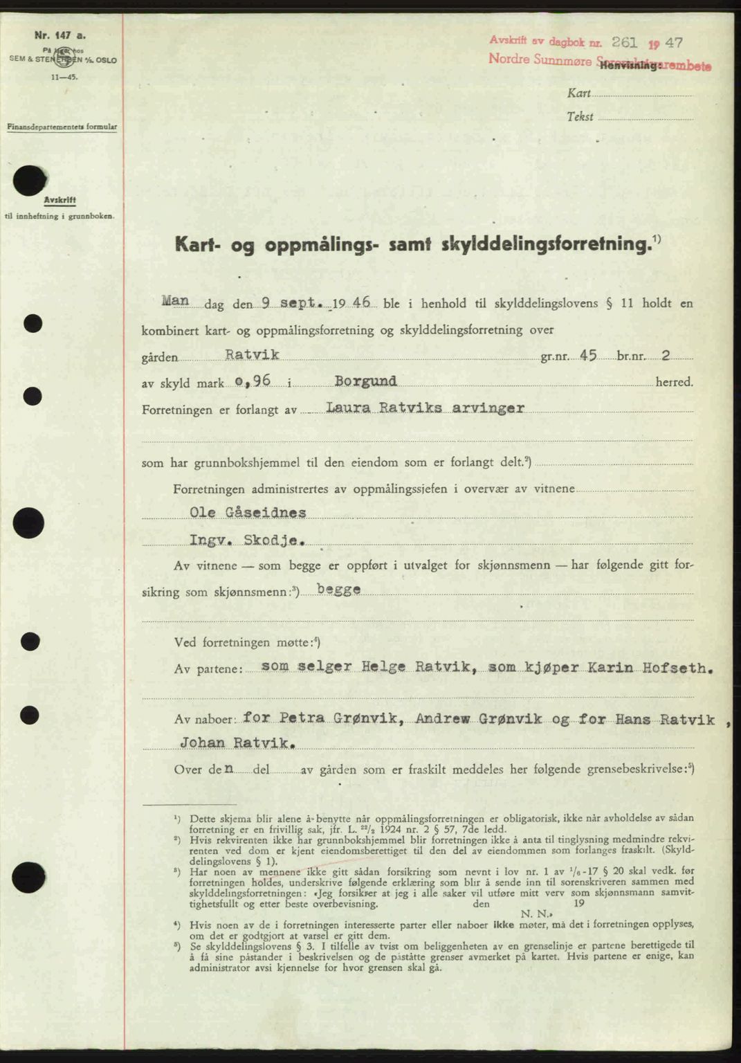 Nordre Sunnmøre sorenskriveri, AV/SAT-A-0006/1/2/2C/2Ca: Mortgage book no. A23, 1946-1947, Diary no: : 261/1947