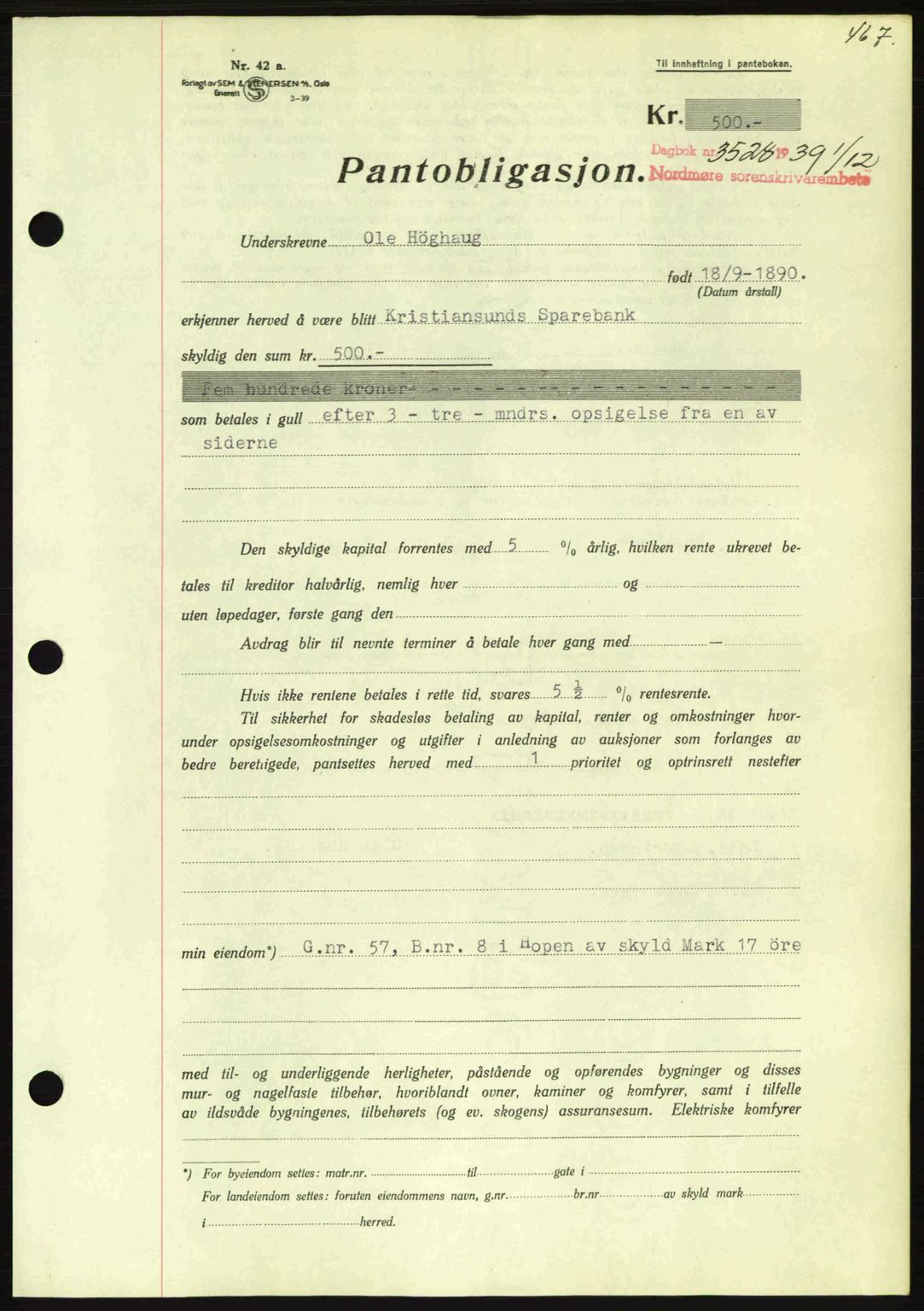 Nordmøre sorenskriveri, AV/SAT-A-4132/1/2/2Ca: Mortgage book no. B86, 1939-1940, Diary no: : 3528/1939