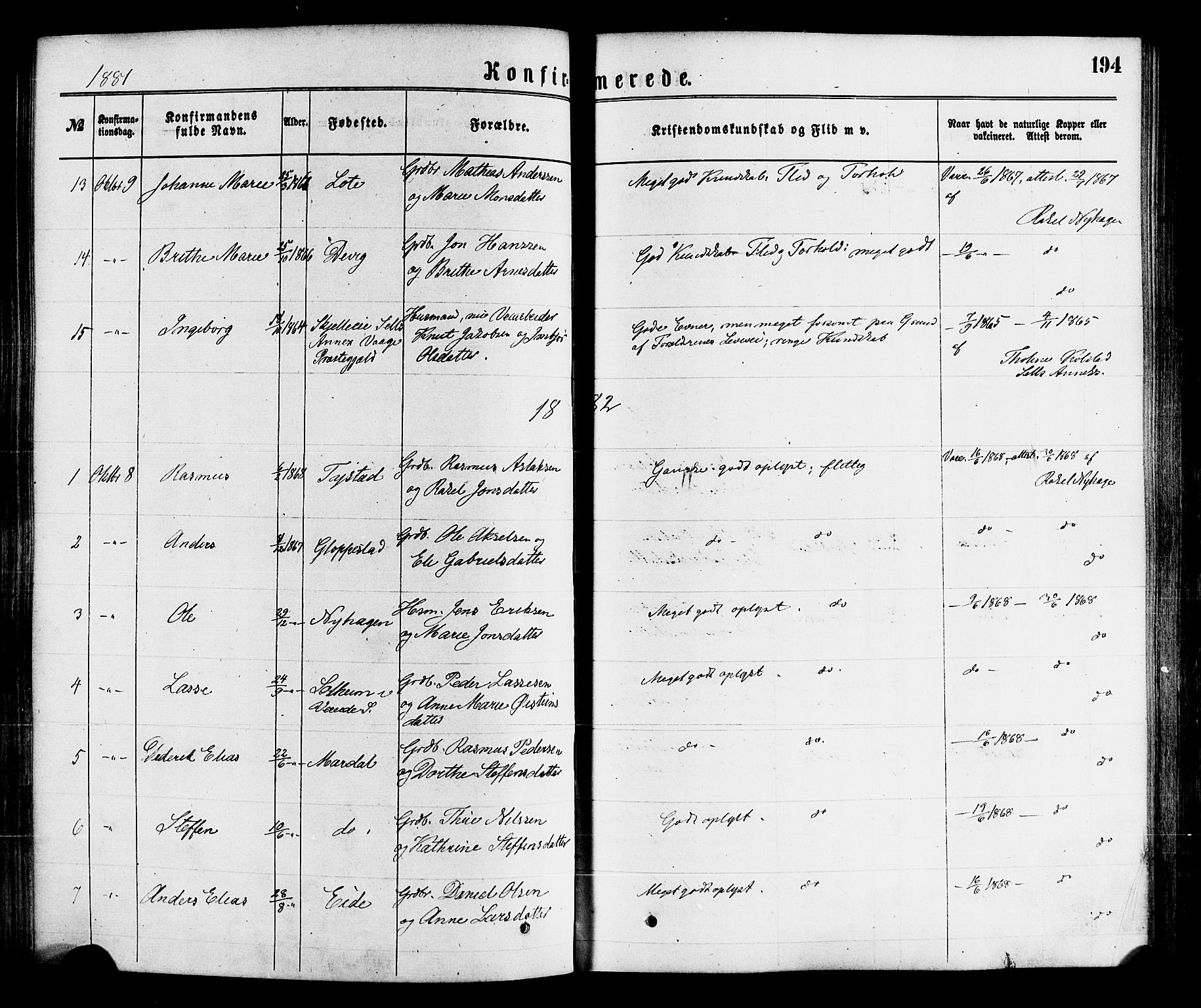 Gloppen sokneprestembete, AV/SAB-A-80101/H/Haa/Haaa/L0010: Parish register (official) no. A 10, 1871-1884, p. 194