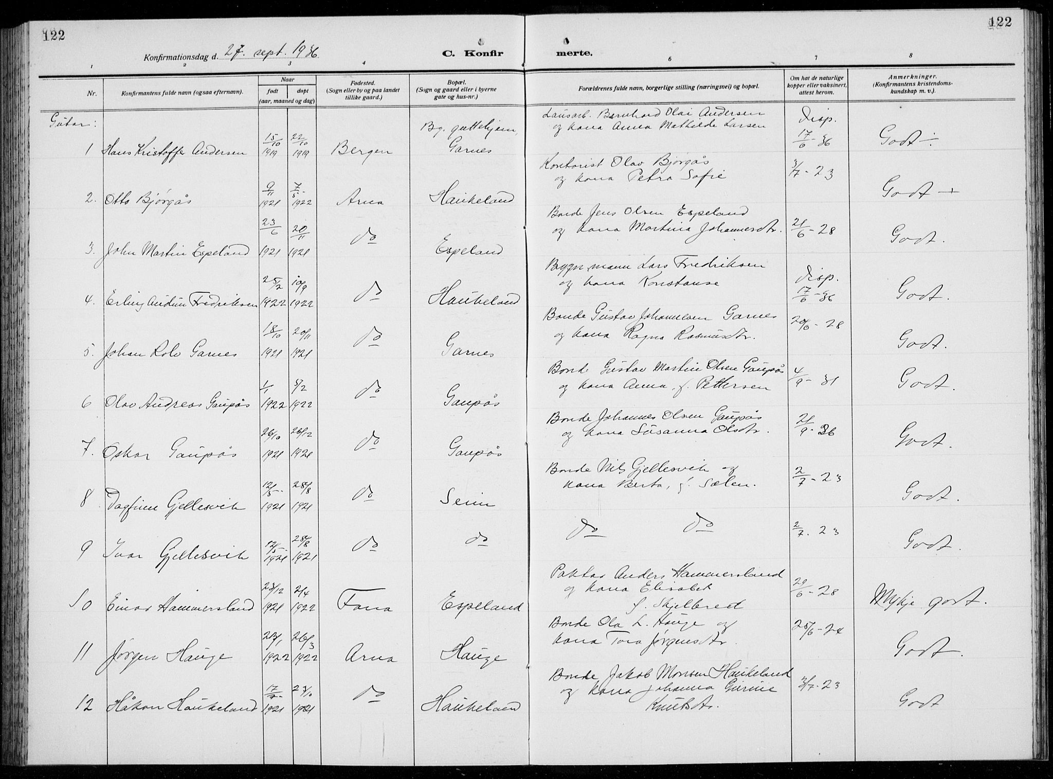 Arna Sokneprestembete, SAB/A-74001/H/Ha/Hab: Parish register (copy) no. A  6, 1922-1936, p. 122