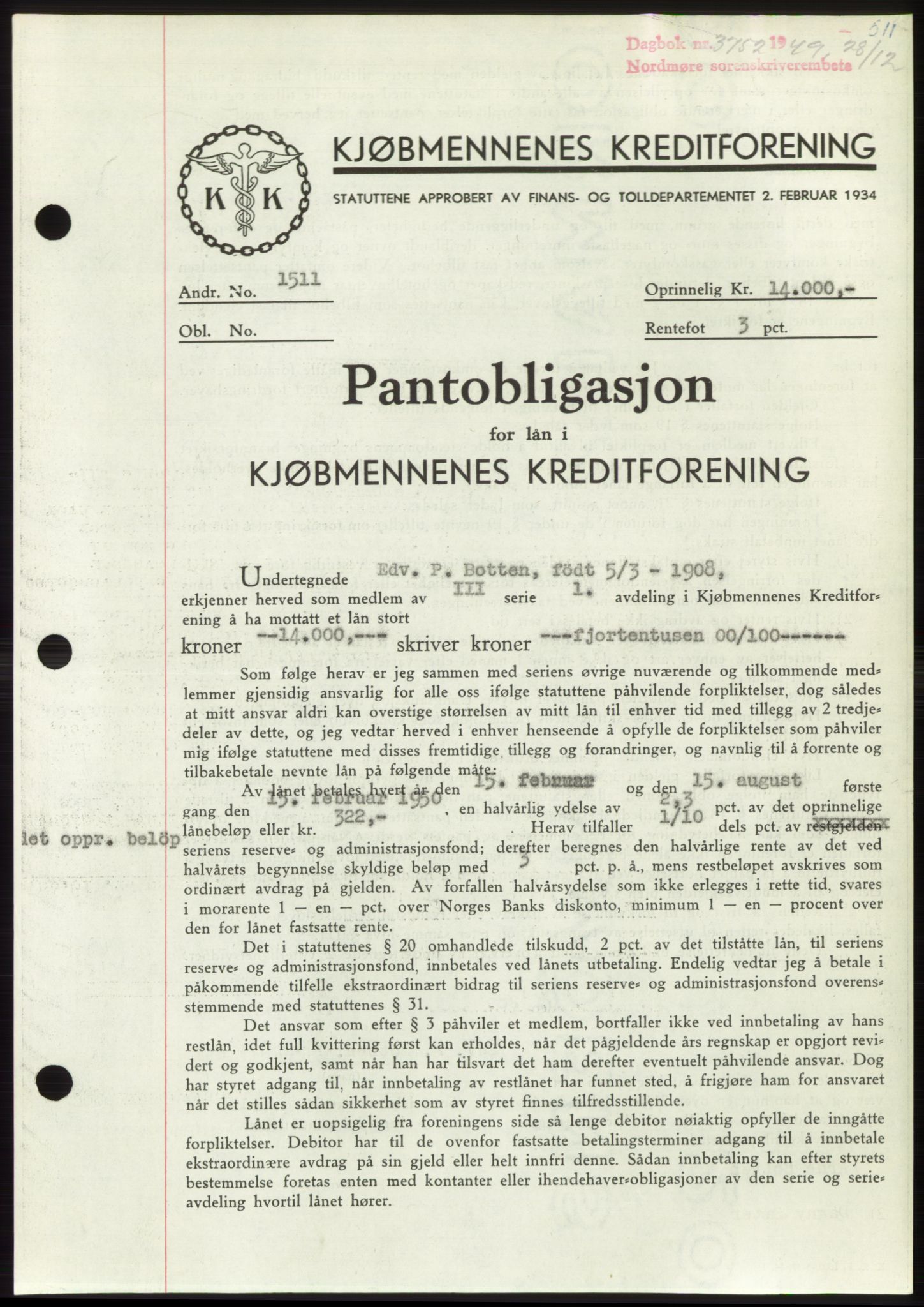 Nordmøre sorenskriveri, AV/SAT-A-4132/1/2/2Ca: Mortgage book no. B103, 1949-1950, Diary no: : 3752/1949