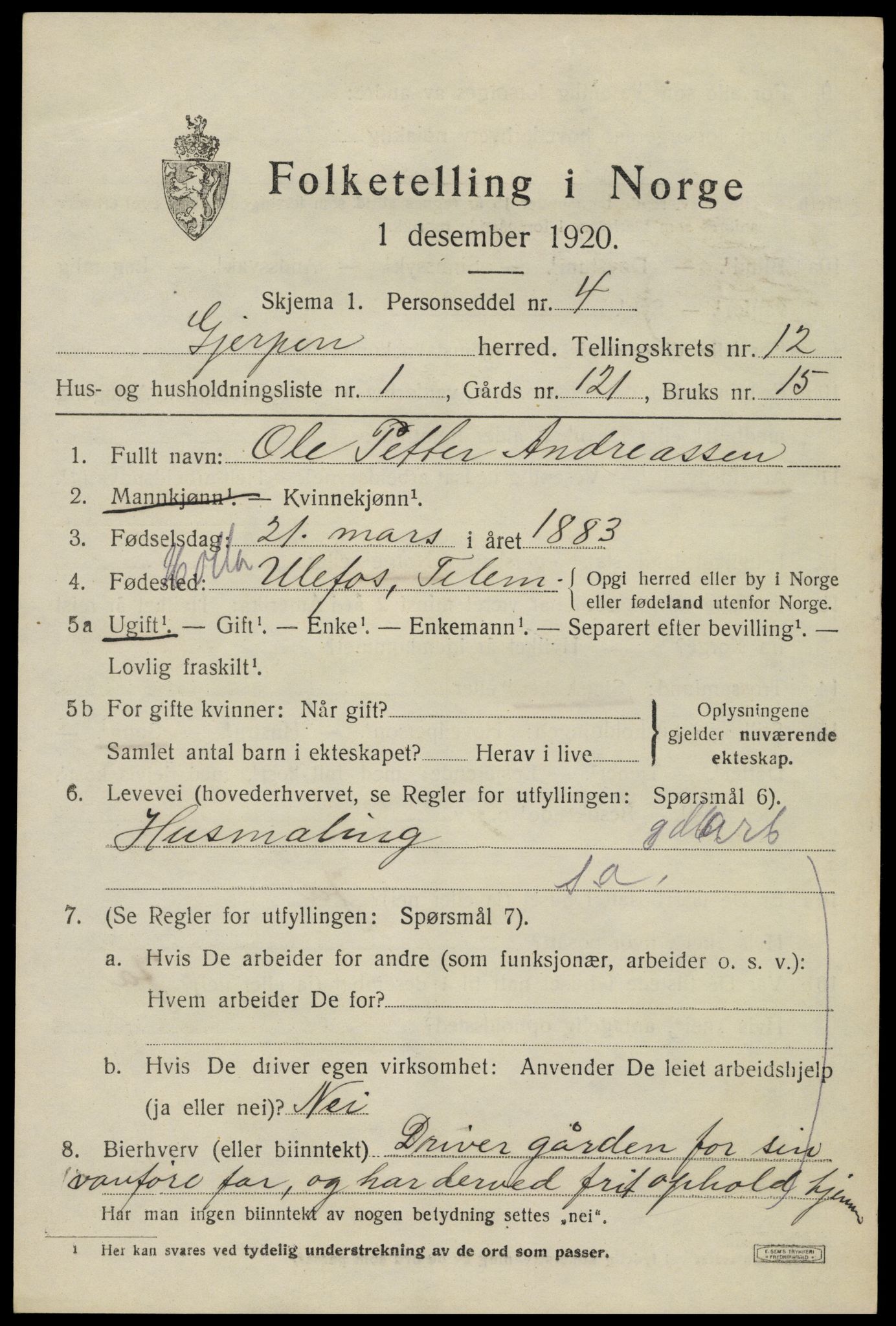 SAKO, 1920 census for Gjerpen, 1920, p. 13578