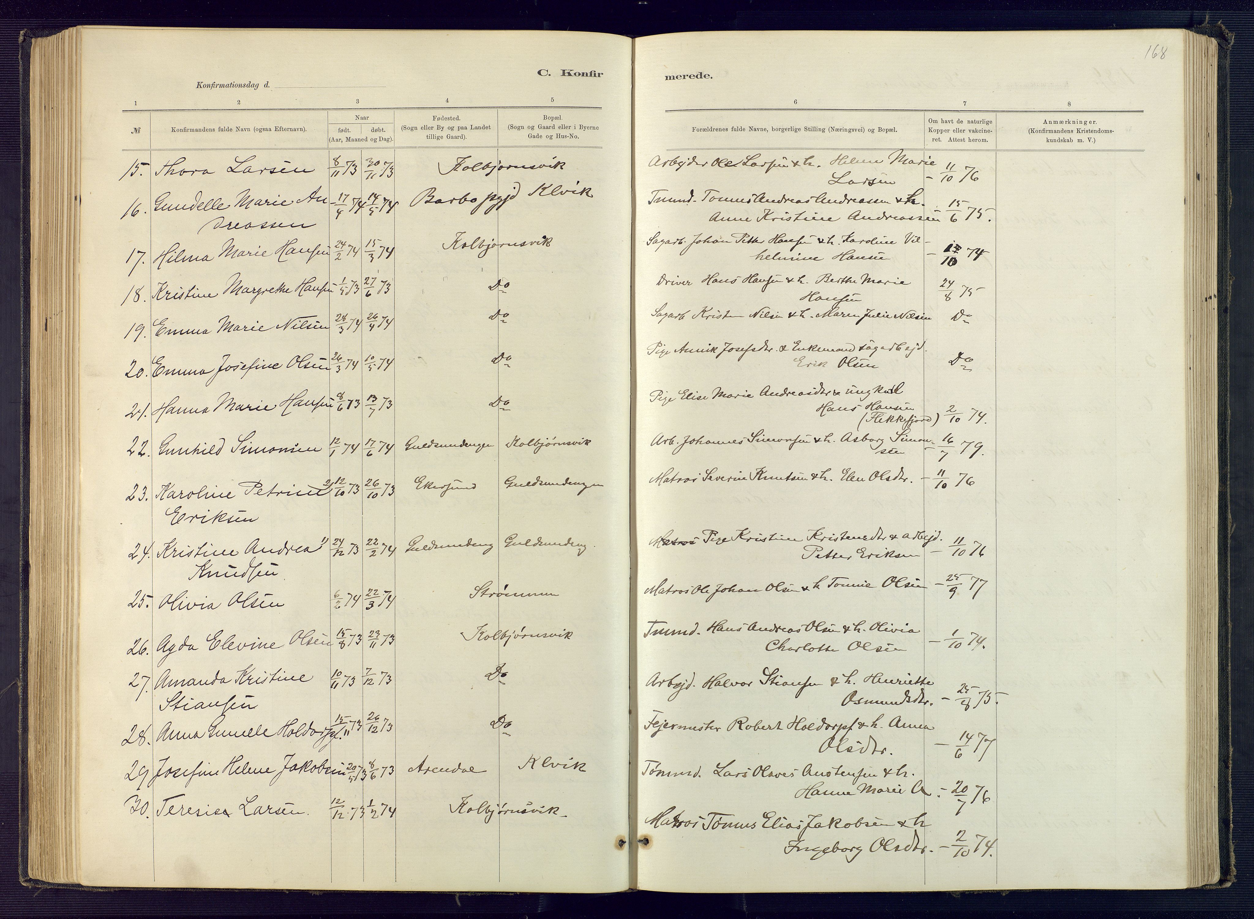 Hisøy sokneprestkontor, SAK/1111-0020/F/Fb/L0003: Parish register (copy) no. B 3, 1885-1905, p. 168