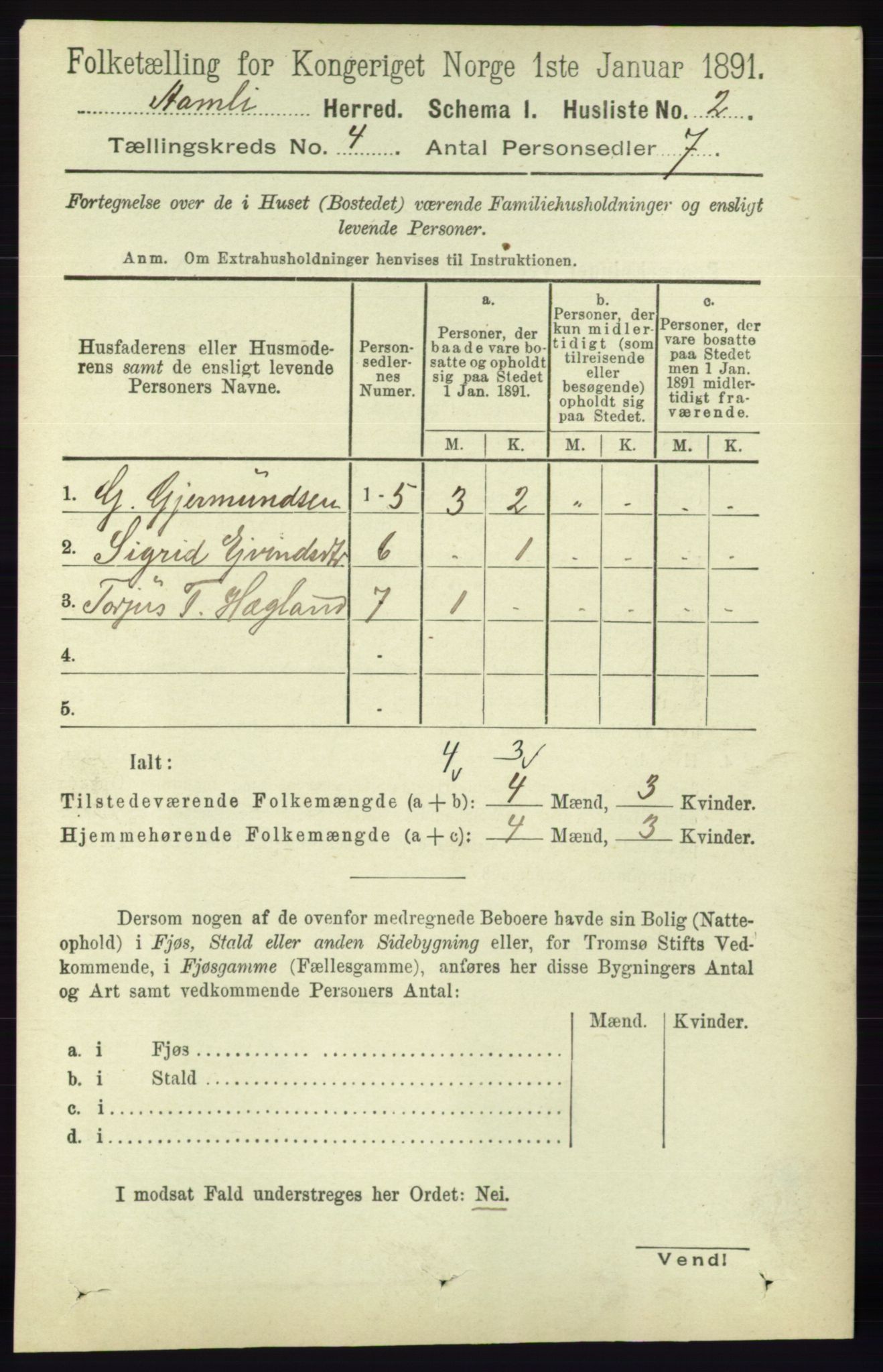 RA, 1891 census for 0929 Åmli, 1891, p. 412