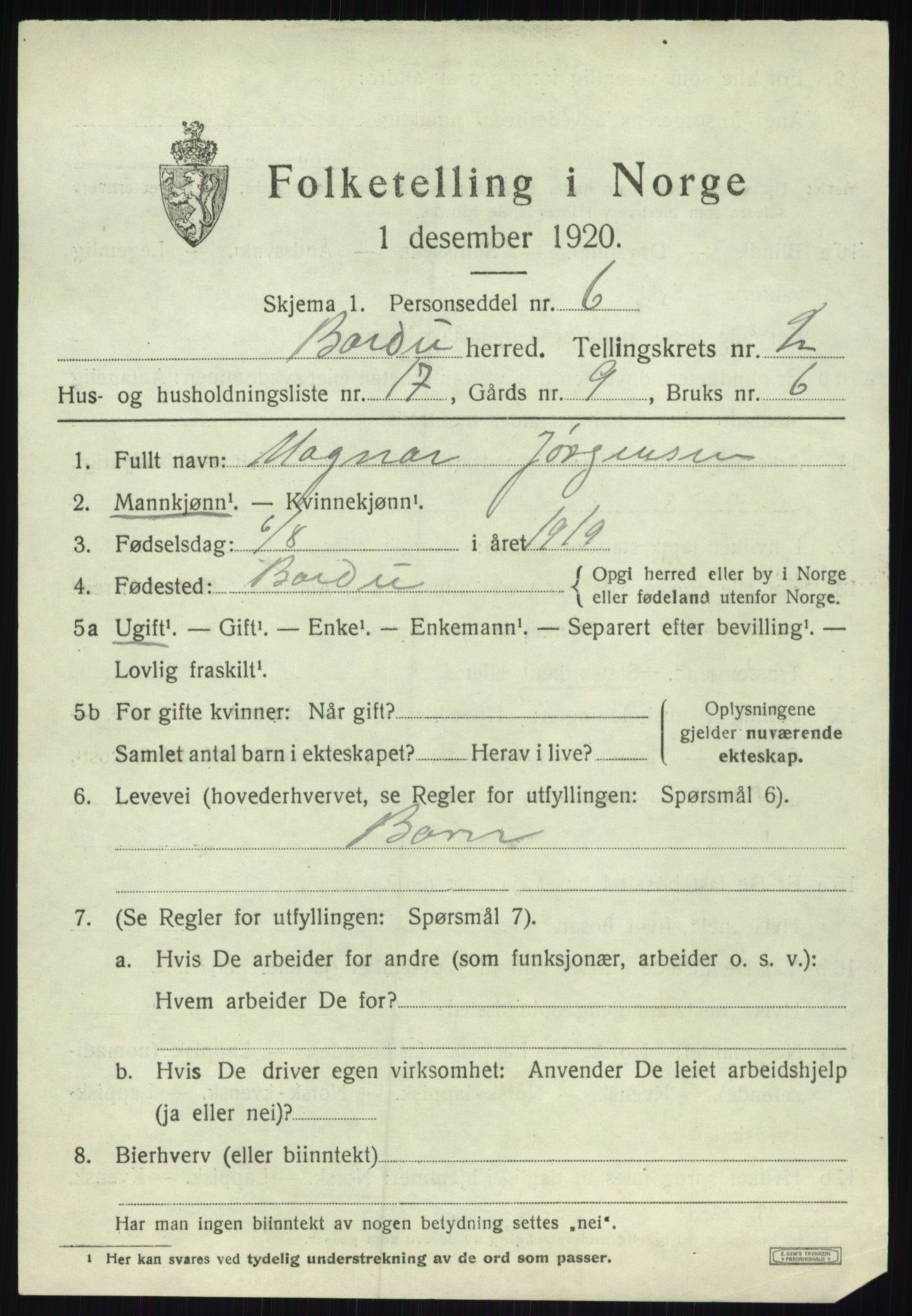 SATØ, 1920 census for Bardu, 1920, p. 1155