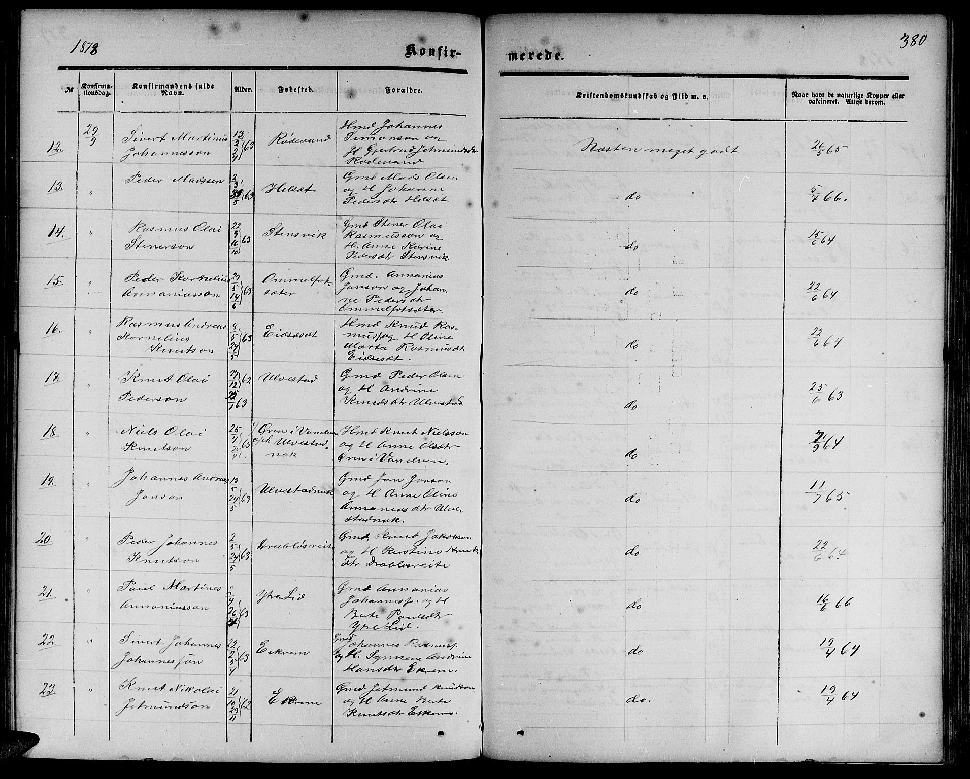 Ministerialprotokoller, klokkerbøker og fødselsregistre - Møre og Romsdal, SAT/A-1454/511/L0157: Parish register (copy) no. 511C03, 1864-1884, p. 380