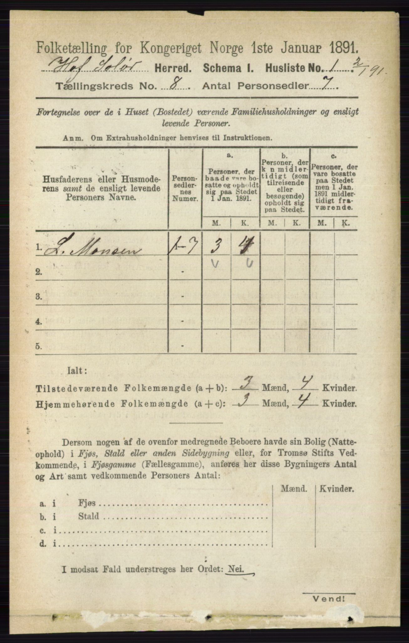 RA, 1891 census for 0424 Hof, 1891, p. 3145