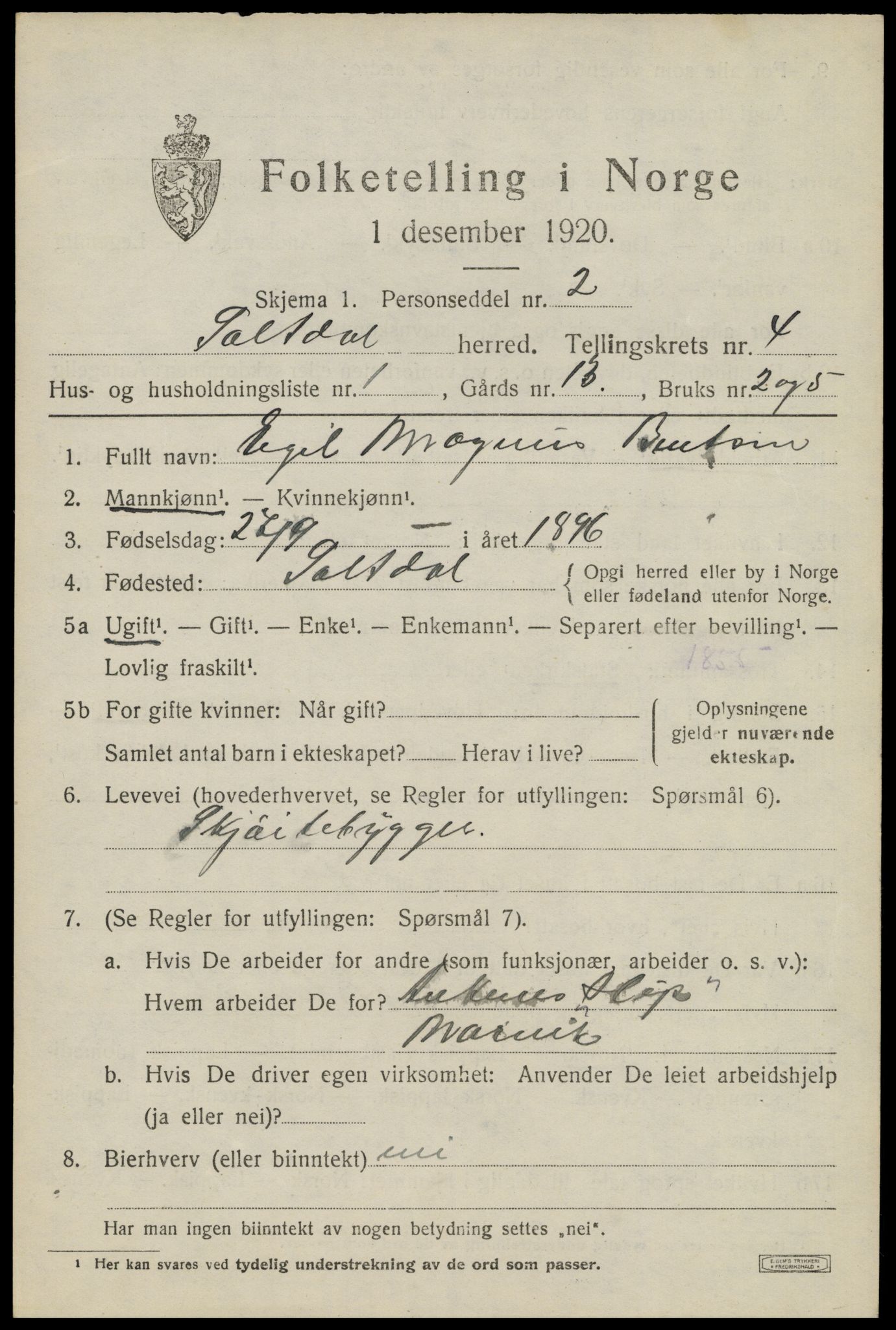 SAT, 1920 census for Saltdal, 1920, p. 5621