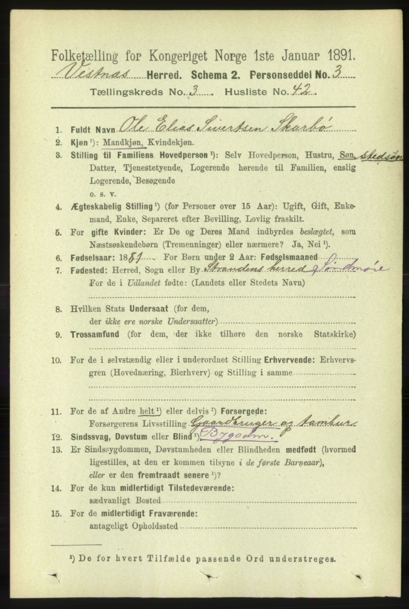 RA, 1891 census for 1535 Vestnes, 1891, p. 1103