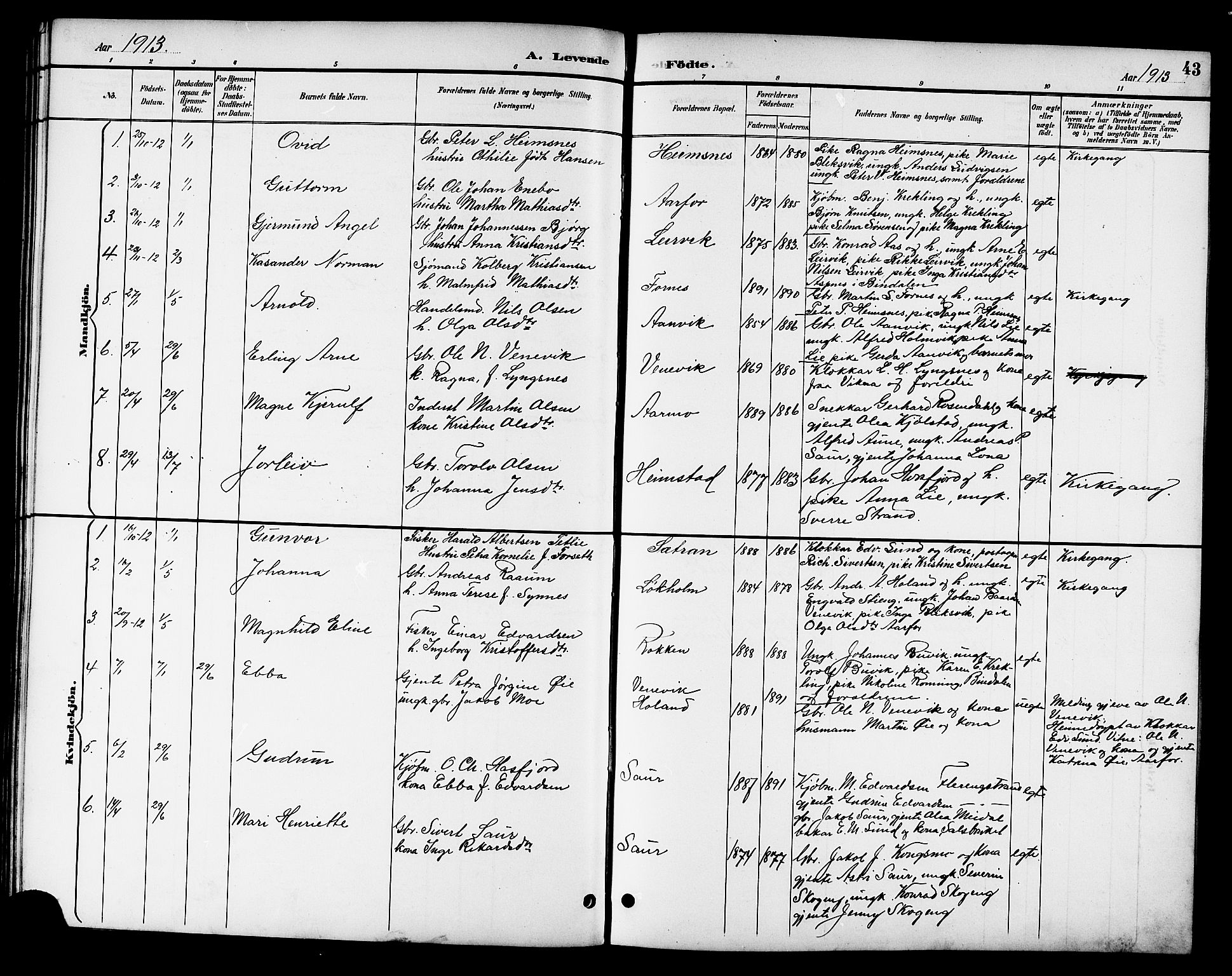 Ministerialprotokoller, klokkerbøker og fødselsregistre - Nord-Trøndelag, SAT/A-1458/783/L0662: Parish register (copy) no. 783C02, 1894-1919, p. 43