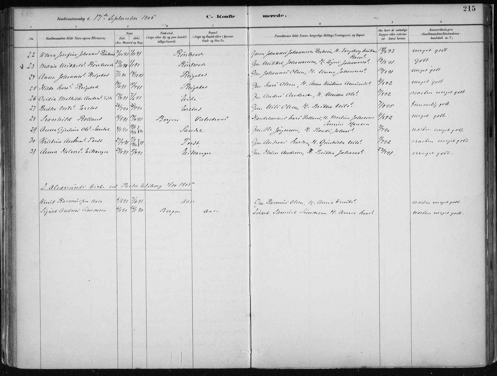 Hamre sokneprestembete, AV/SAB-A-75501/H/Ha/Haa/Haab/L0001: Parish register (official) no. B  1, 1882-1905, p. 215