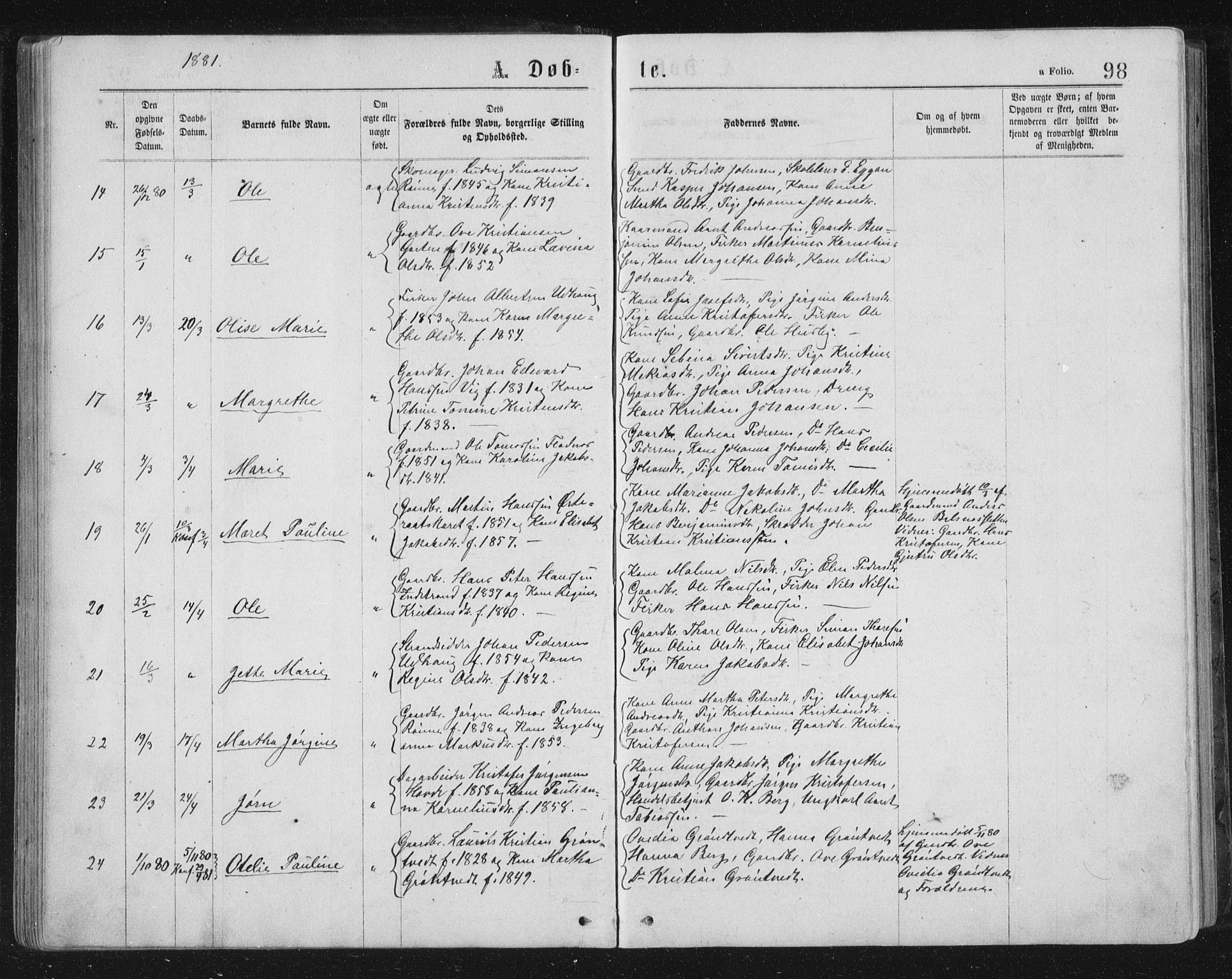 Ministerialprotokoller, klokkerbøker og fødselsregistre - Sør-Trøndelag, AV/SAT-A-1456/659/L0745: Parish register (copy) no. 659C02, 1869-1892, p. 98