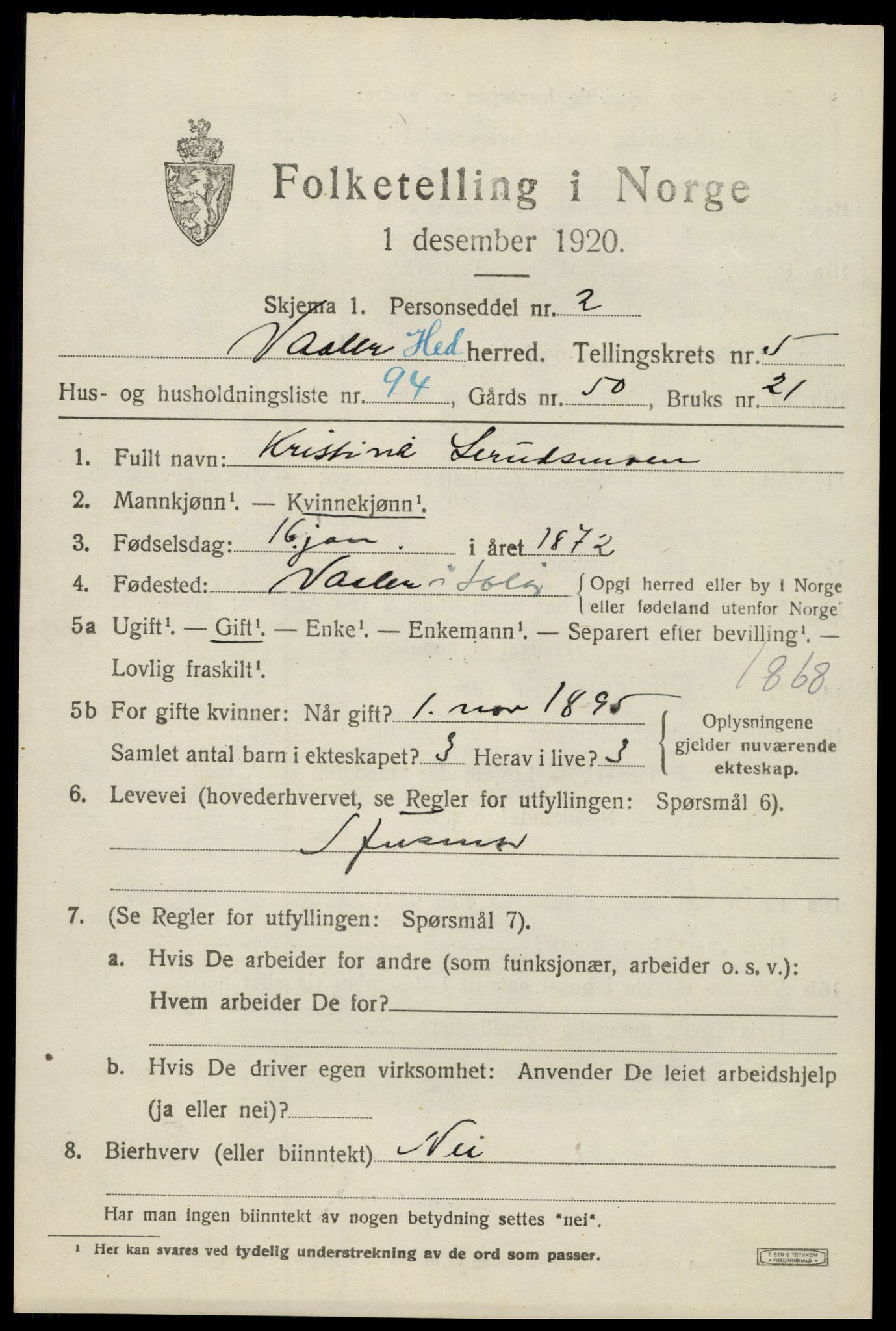 SAH, 1920 census for Våler (Hedmark), 1920, p. 6601