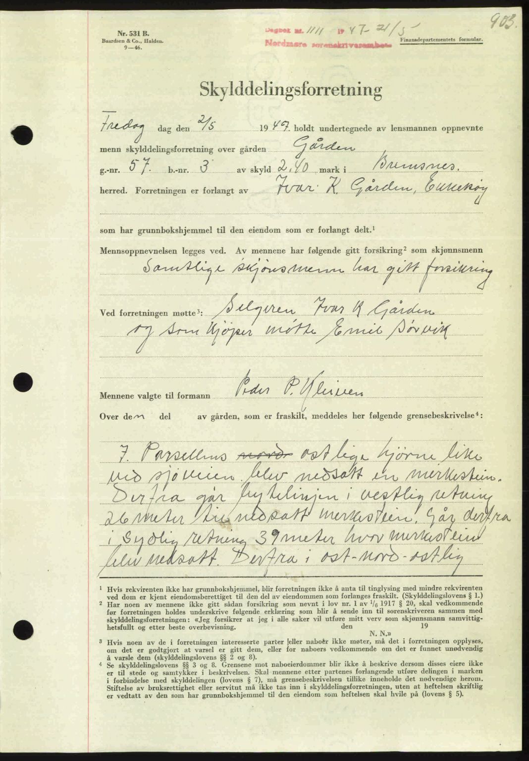 Nordmøre sorenskriveri, AV/SAT-A-4132/1/2/2Ca: Mortgage book no. A104, 1947-1947, Diary no: : 1111/1947