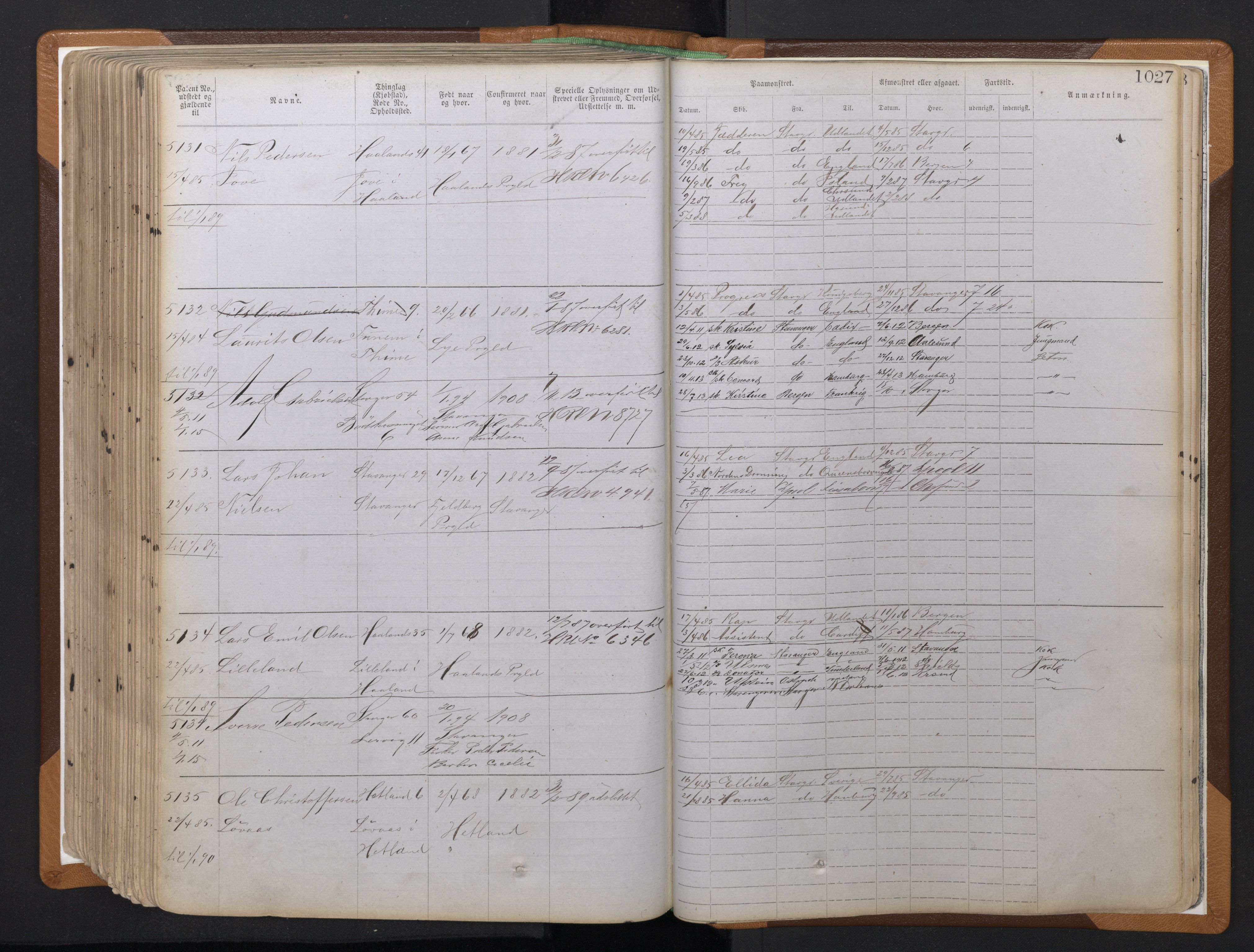 Stavanger sjømannskontor, AV/SAST-A-102006/F/Ff/L0010: Annotasjonsrulle, patentnr. 3605-5225 (dublett), 1878-1900, p. 309
