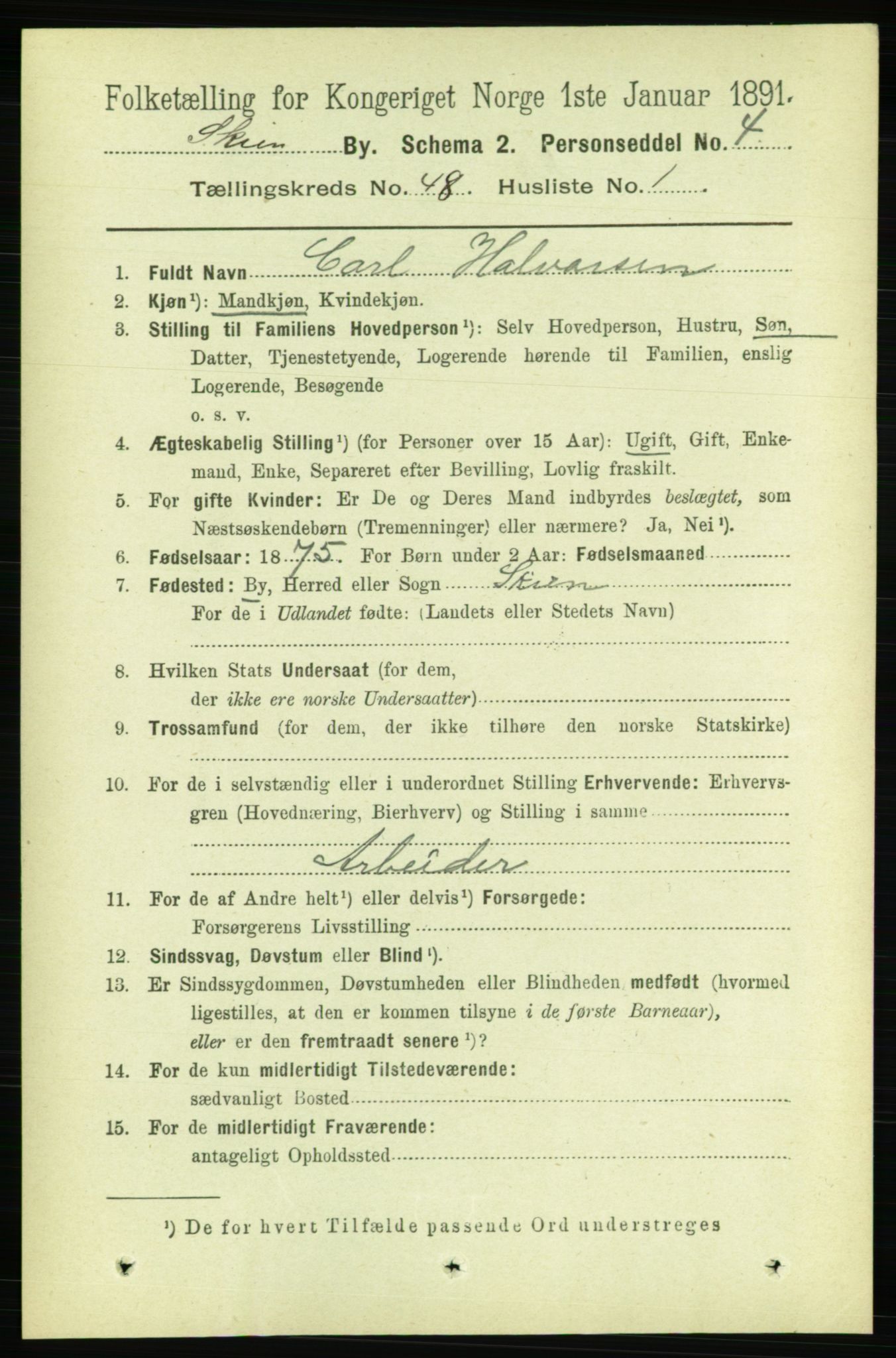 RA, 1891 census for 0806 Skien, 1891, p. 9827