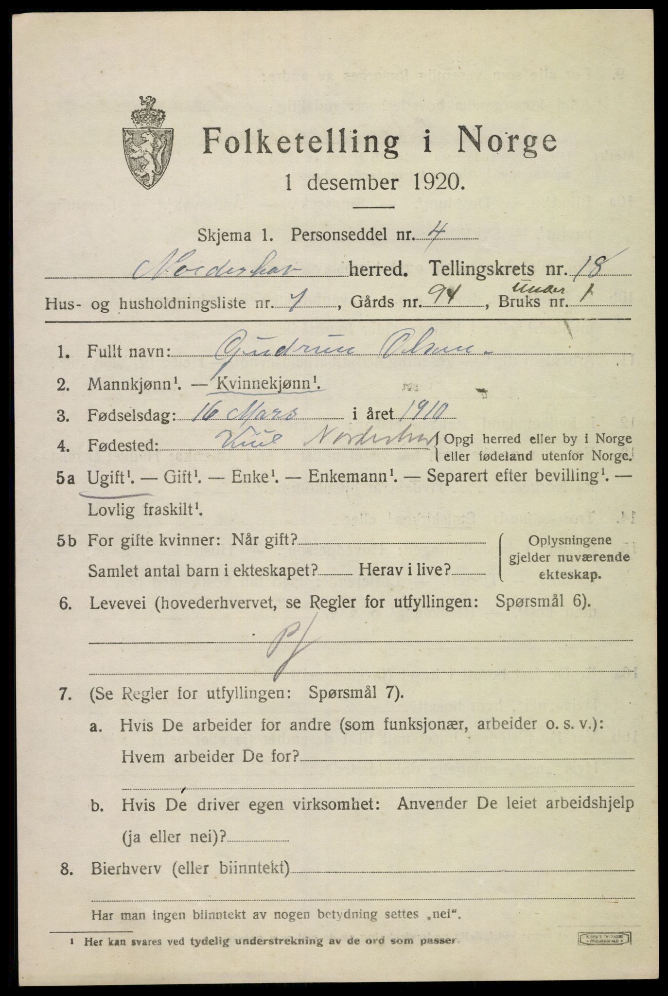 SAKO, 1920 census for Norderhov, 1920, p. 19561