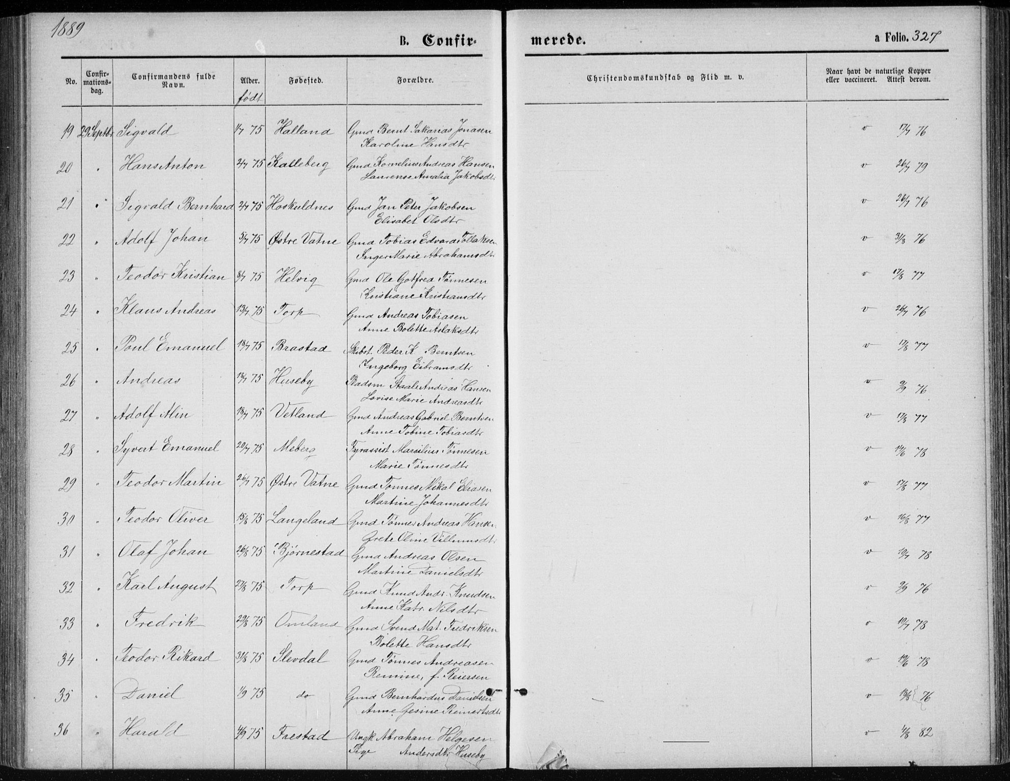 Lista sokneprestkontor, AV/SAK-1111-0027/F/Fb/L0004: Parish register (copy) no. B 4, 1877-1891, p. 327