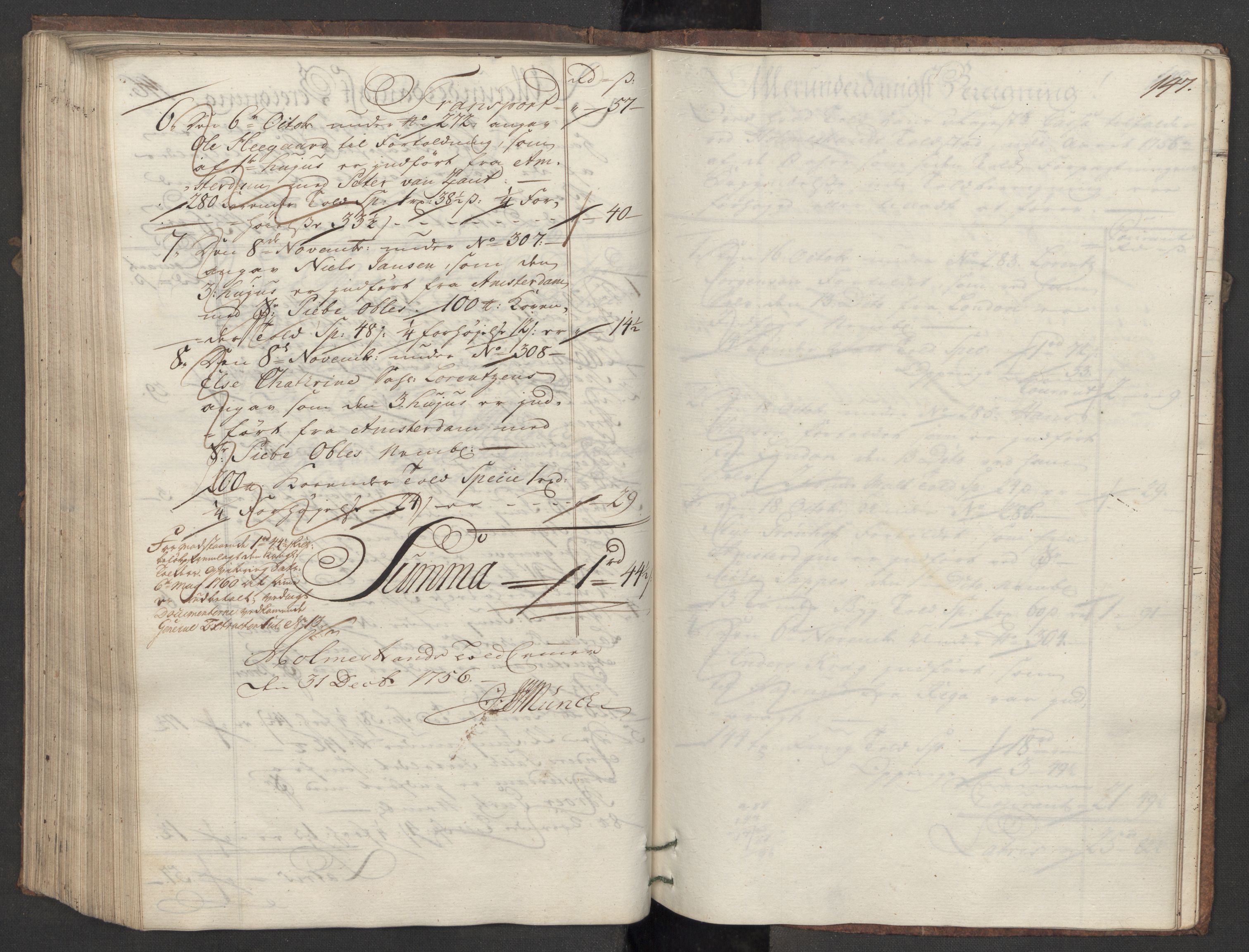 Generaltollkammeret, tollregnskaper, AV/RA-EA-5490/R09/L0021/0001: Tollregnskaper Holmestrand / Inngående hovedtollbok, 1756, p. 146b-147a