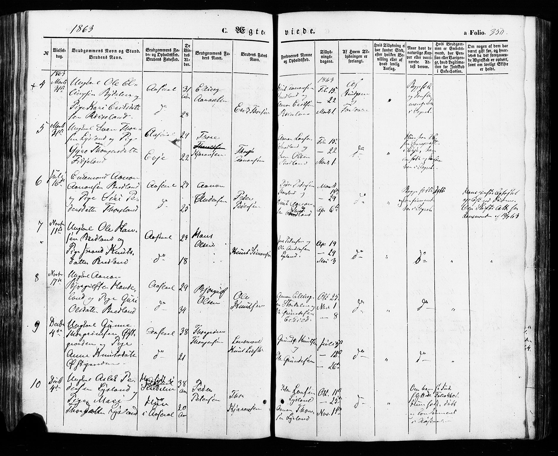 Åseral sokneprestkontor, SAK/1111-0051/F/Fa/L0002: Parish register (official) no. A 2, 1854-1884, p. 351