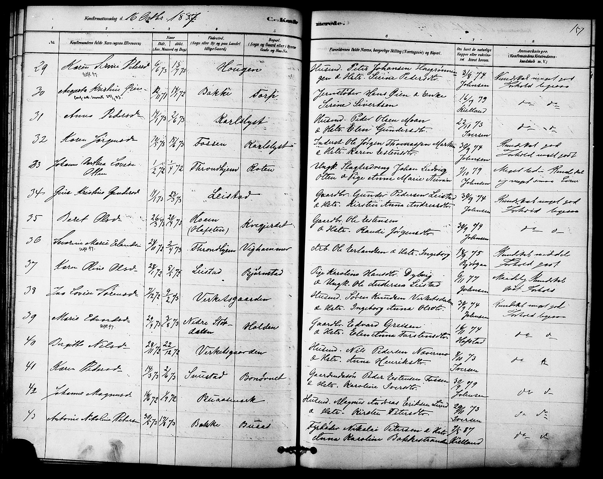 Ministerialprotokoller, klokkerbøker og fødselsregistre - Sør-Trøndelag, SAT/A-1456/616/L0410: Parish register (official) no. 616A07, 1878-1893, p. 157