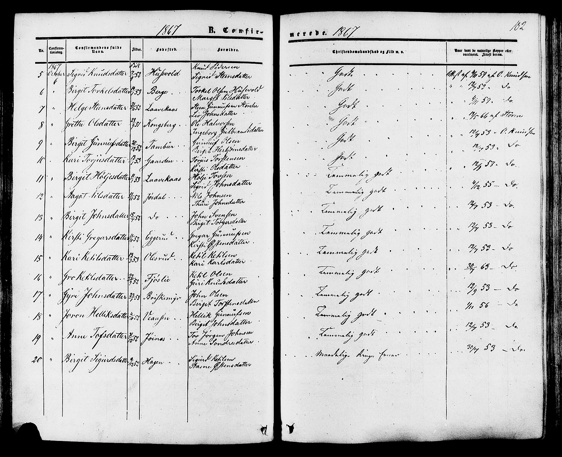 Tinn kirkebøker, SAKO/A-308/F/Fa/L0006: Parish register (official) no. I 6, 1857-1878, p. 182
