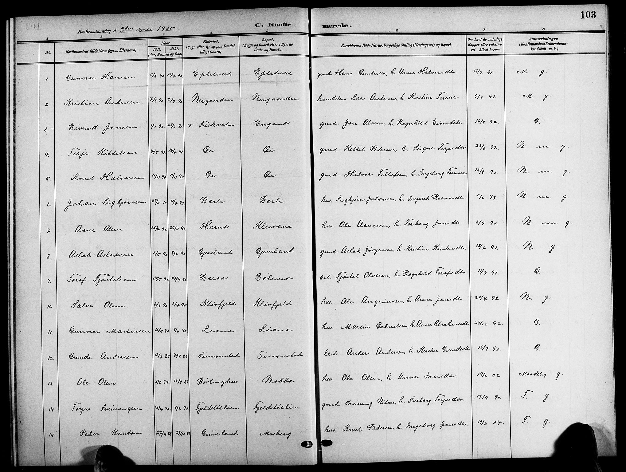 Åmli sokneprestkontor, SAK/1111-0050/F/Fb/Fbc/L0005: Parish register (copy) no. B 5, 1903-1916, p. 103