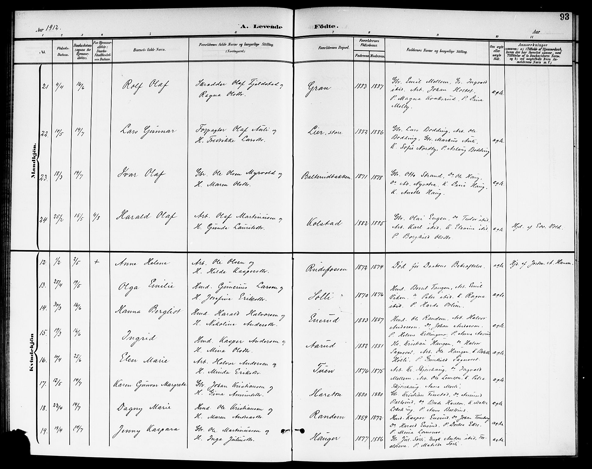 Aurskog prestekontor Kirkebøker, AV/SAO-A-10304a/G/Ga/L0004: Parish register (copy) no. I 4, 1901-1921, p. 93