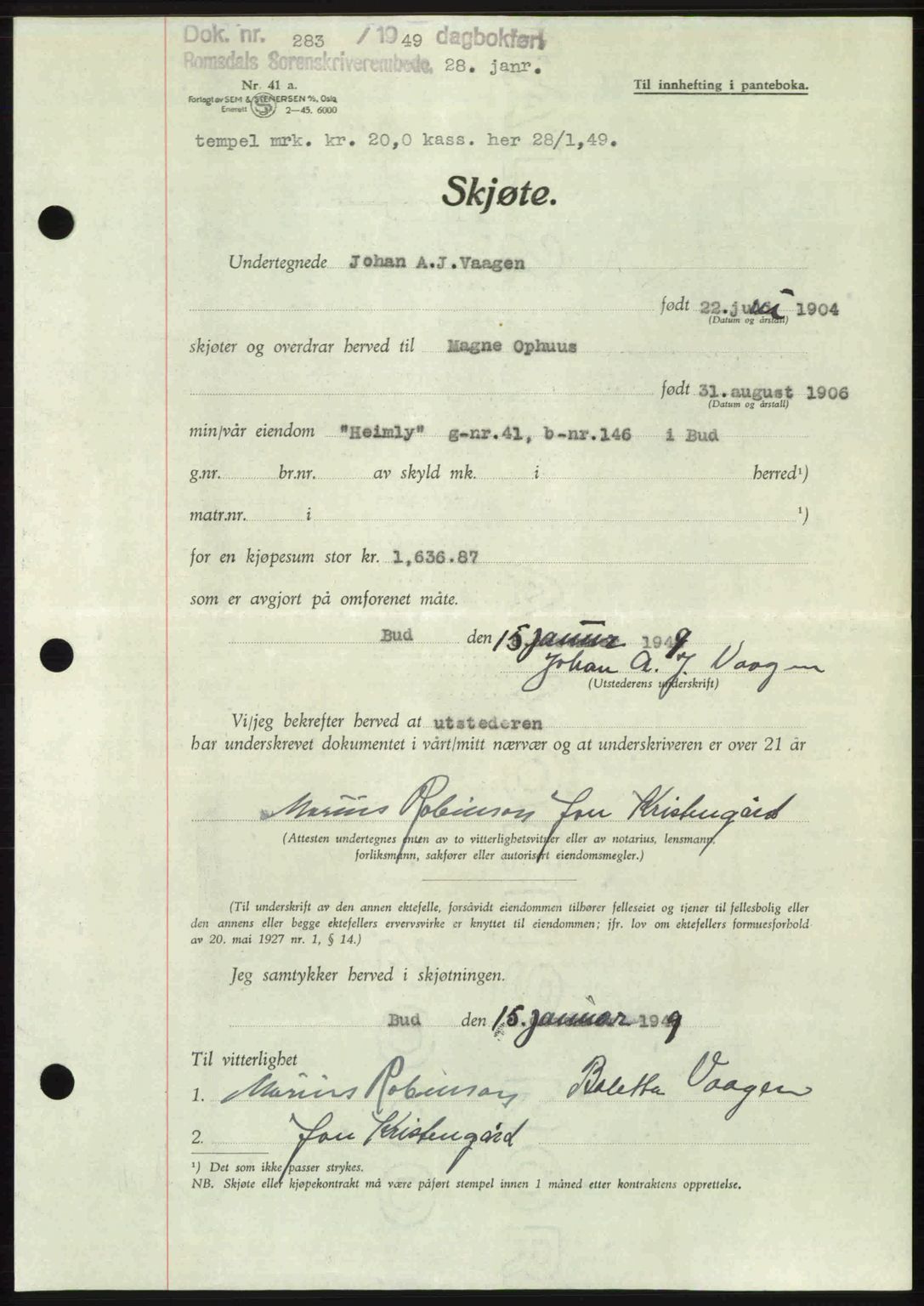 Romsdal sorenskriveri, AV/SAT-A-4149/1/2/2C: Mortgage book no. A28, 1948-1949, Diary no: : 283/1949